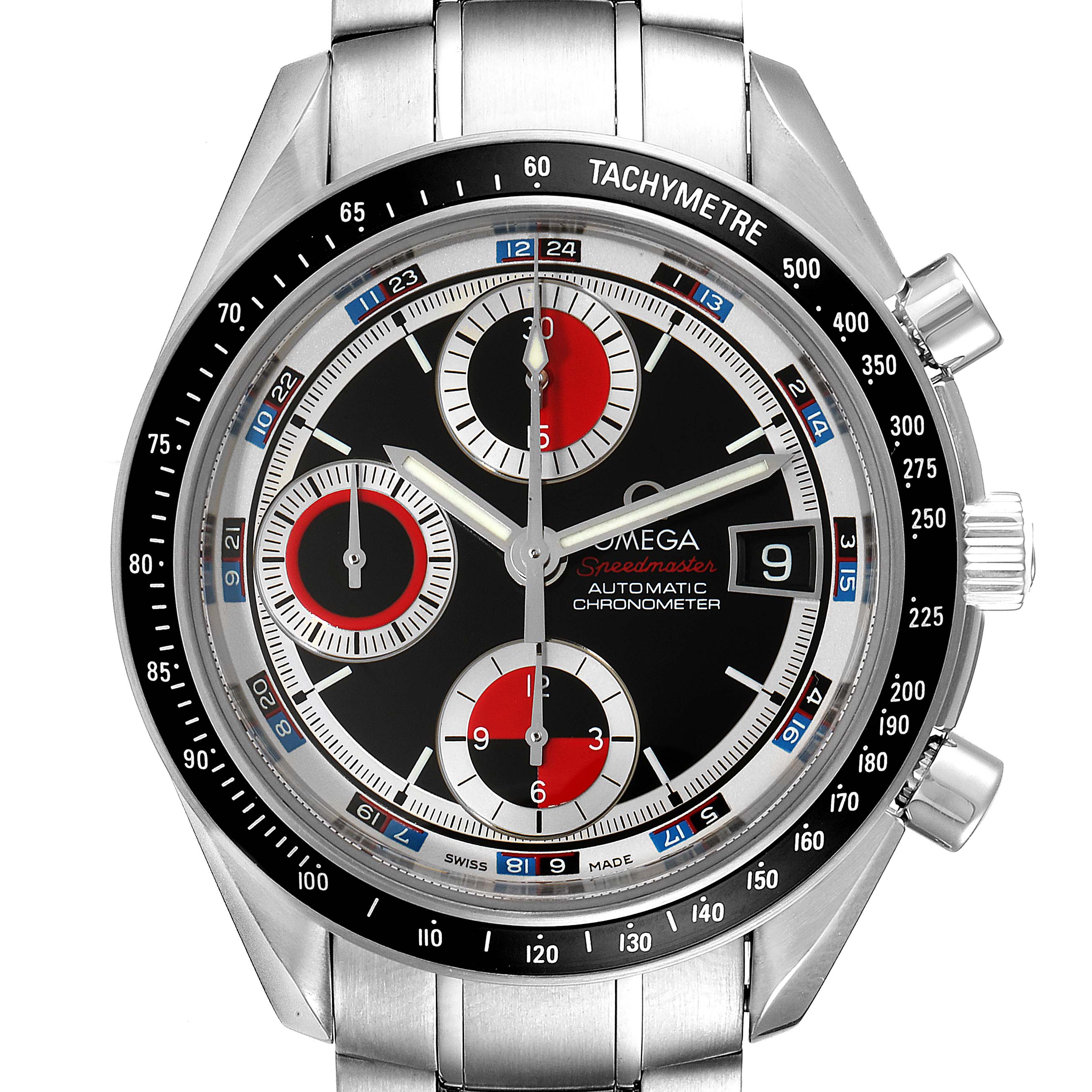 The Omega Speedmaster 3210.52.00 Men
s Stainless Steel Black Dial 3210.52.00 Men
s Stainless Steel Black Dial watch is shown from the front, highlighting its dial, chronometer, and stainless steel bracelet.