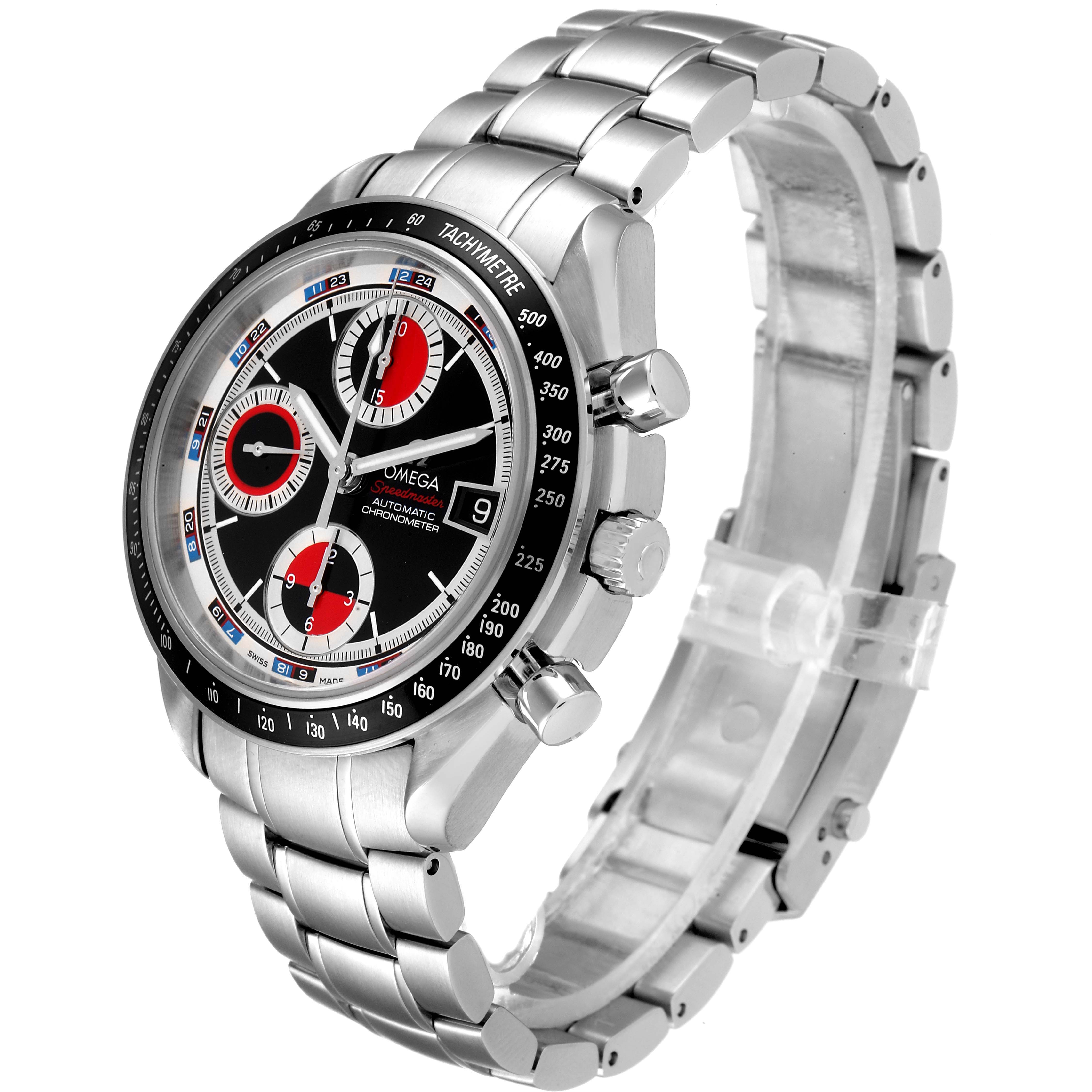 The image shows a side-angle view of an Omega Speedmaster 3210.52.00 Men
s Stainless Steel Black Dial 3210.52.00 Men
s Stainless Steel Black Dial watch, displaying its dial, bezel, crown, pushers, and metal bracelet.