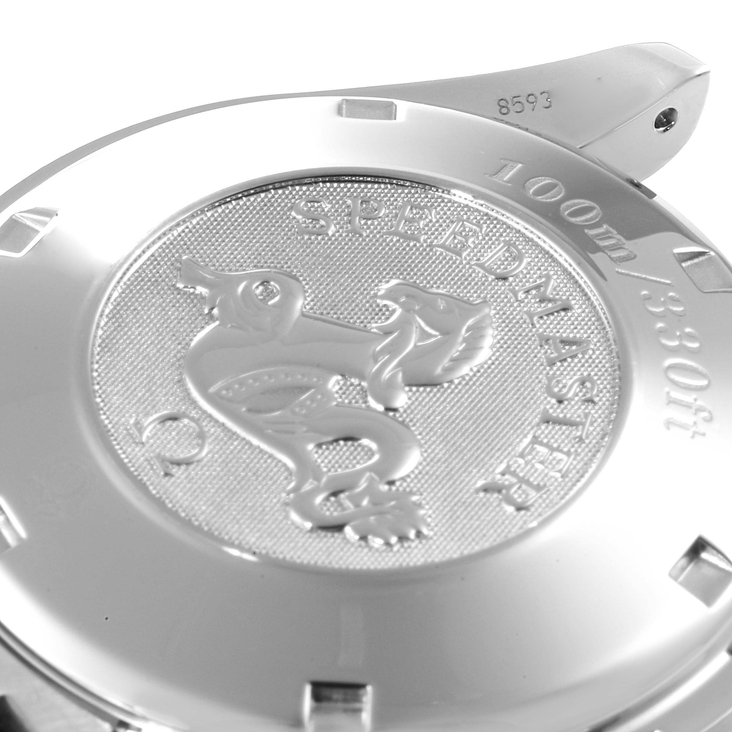 This image shows the back case of the Omega Speedmaster 3210.52.00 Men
s Stainless Steel Black Dial 3210.52.00 Men
s Stainless Steel Black Dial watch, highlighting the engraved logo and water resistance rating.