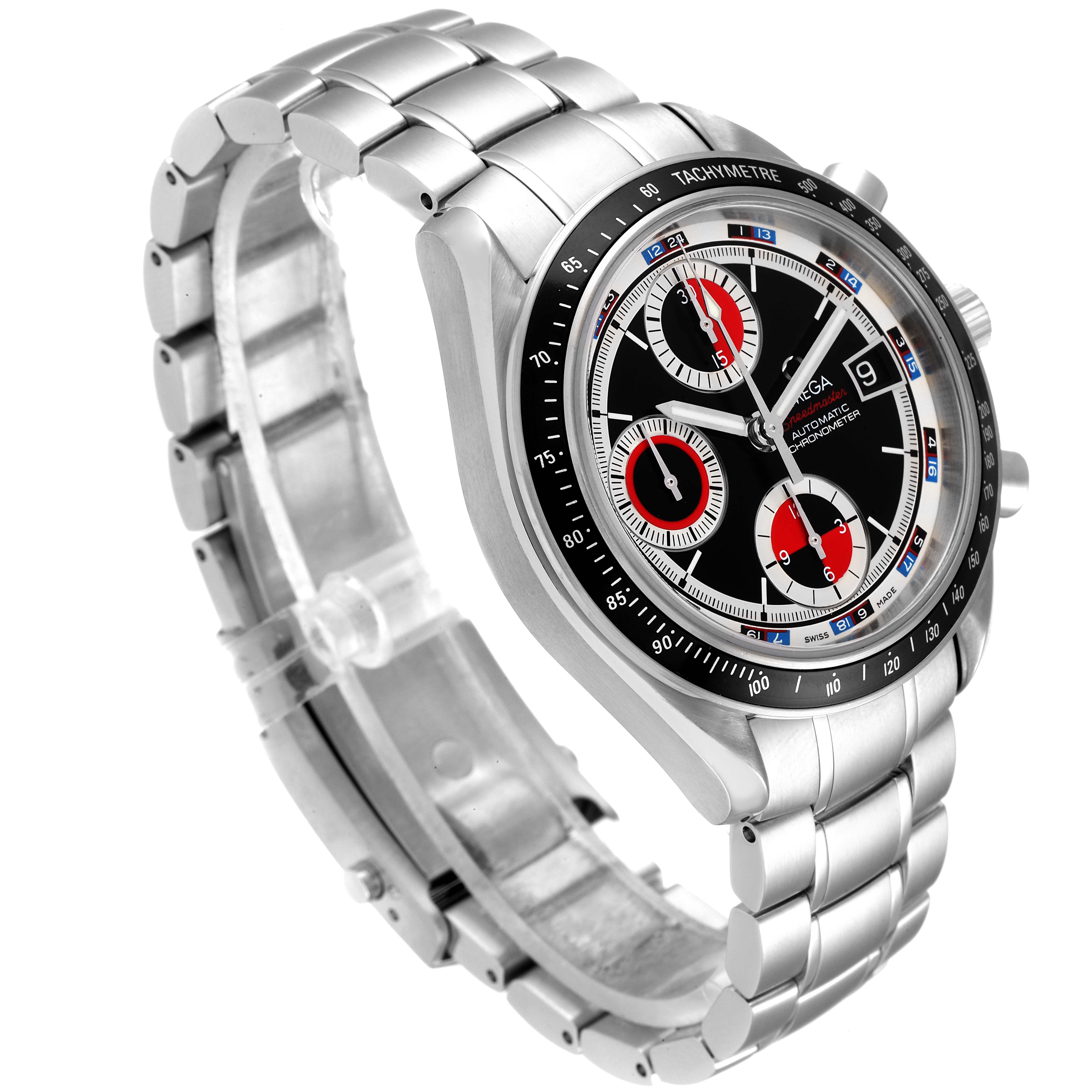 The Omega Speedmaster 3210.52.00 Men
s Stainless Steel Black Dial 3210.52.00 Men
s Stainless Steel Black Dial watch is shown at a three-quarter angle, highlighting its silver bracelet, black tachymeter bezel, and multi-dial face.