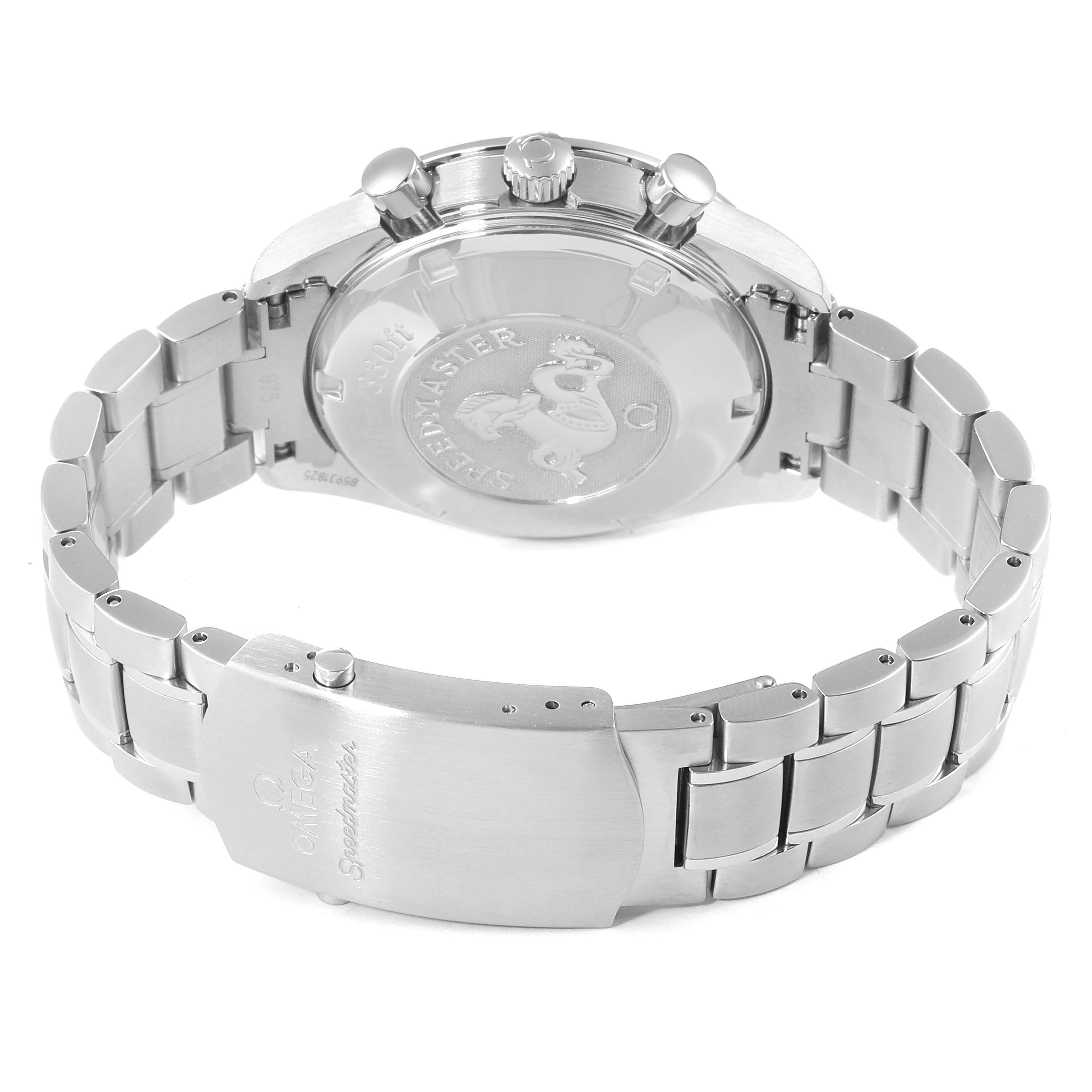 The image shows the back case and bracelet clasp of an Omega Speedmaster 3210.52.00 Men
s Stainless Steel Black Dial 3210.52.00 Men
s Stainless Steel Black Dial watch, displaying the engraved logo and brand markings.