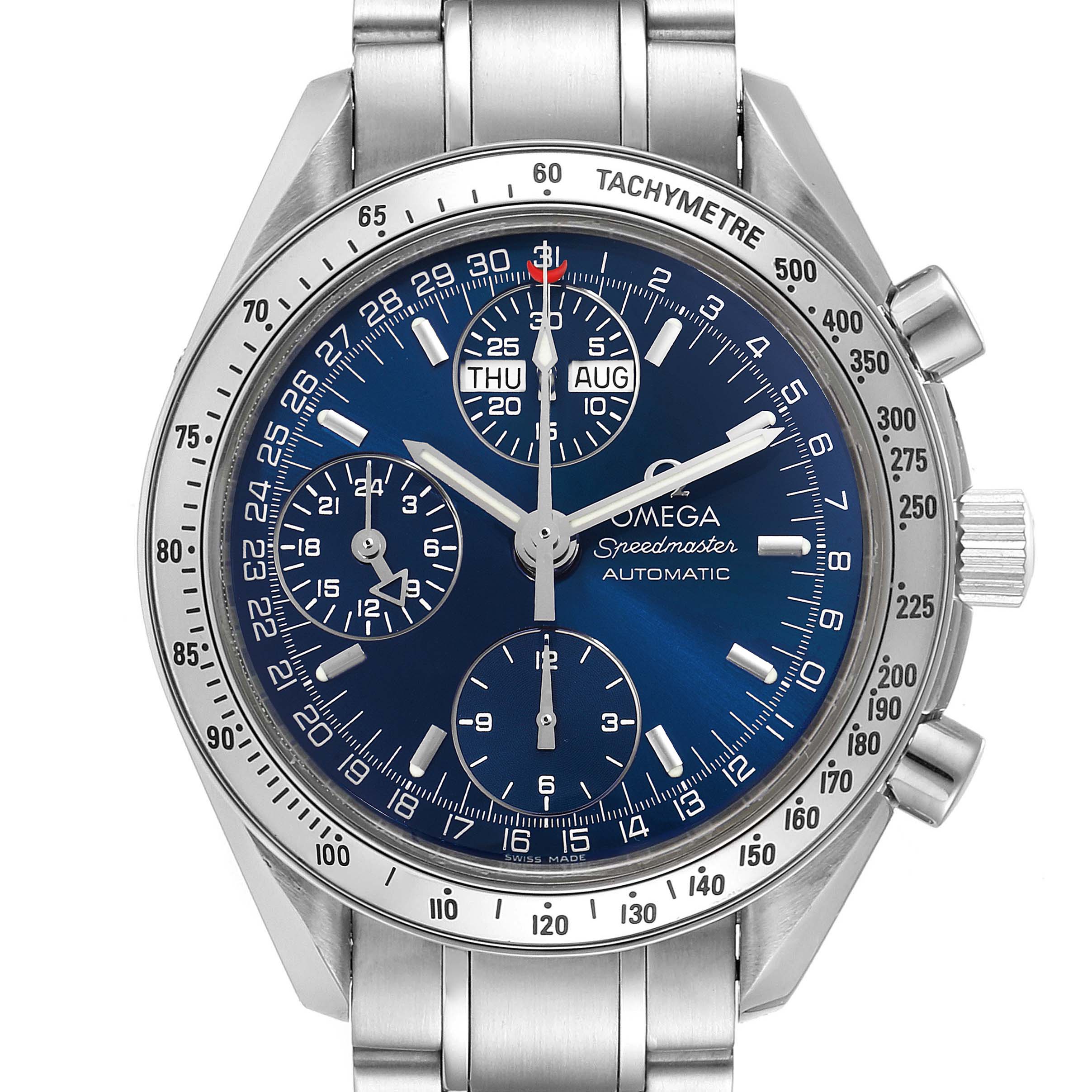 The image shows a frontal view of the Omega Speedmaster 3523.80.00 Men
s Stainless Steel Blue Dial 3523.80.00 Men
s Stainless Steel Blue Dial watch, highlighting its blue dial, chronograph, date, and day subdials.
