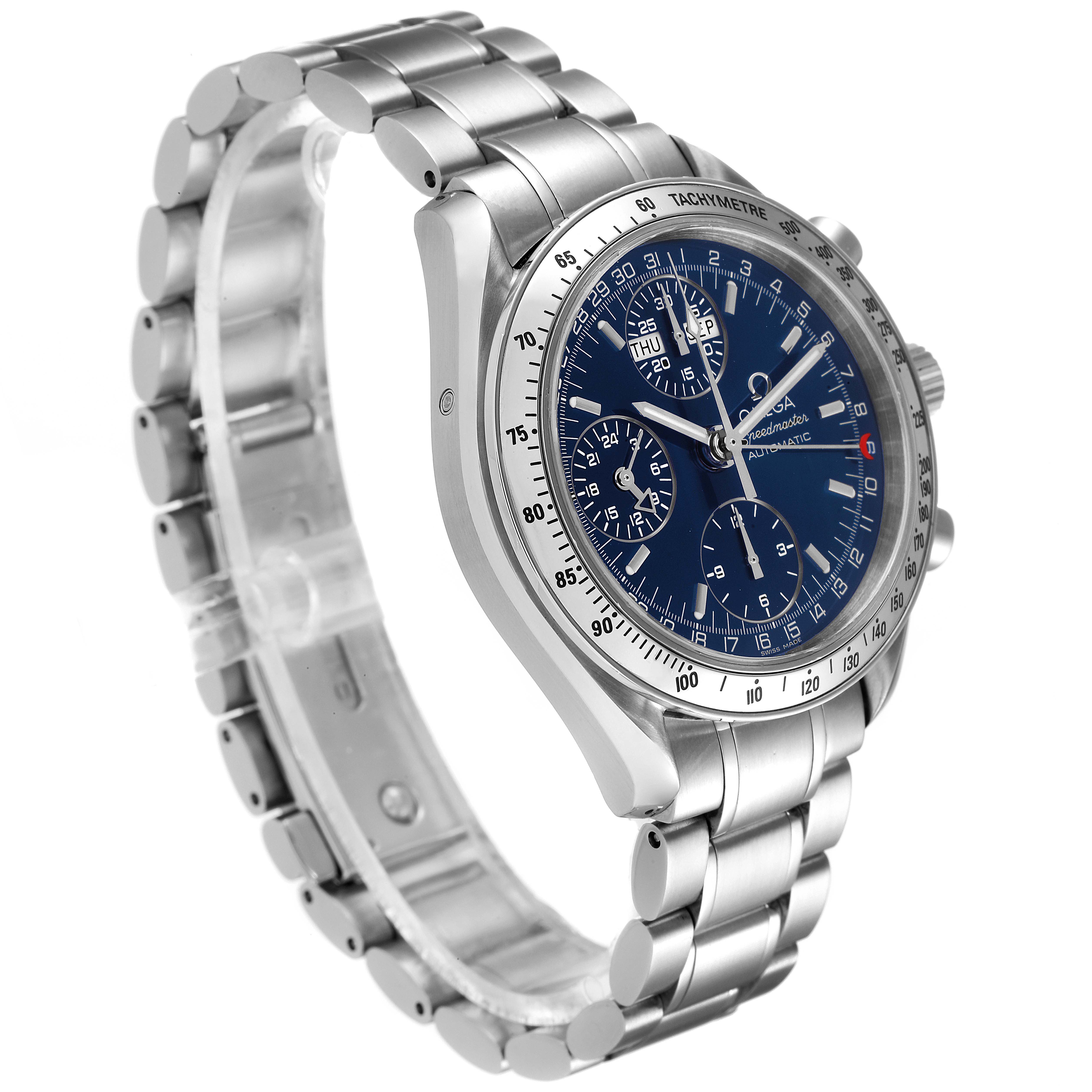 The image shows an Omega Speedmaster 3523.80.00 Men
s Stainless Steel Blue Dial 3523.80.00 Men
s Stainless Steel Blue Dial watch at a three-quarter angle, highlighting its stainless steel bracelet, blue dial, and tachymeter bezel.