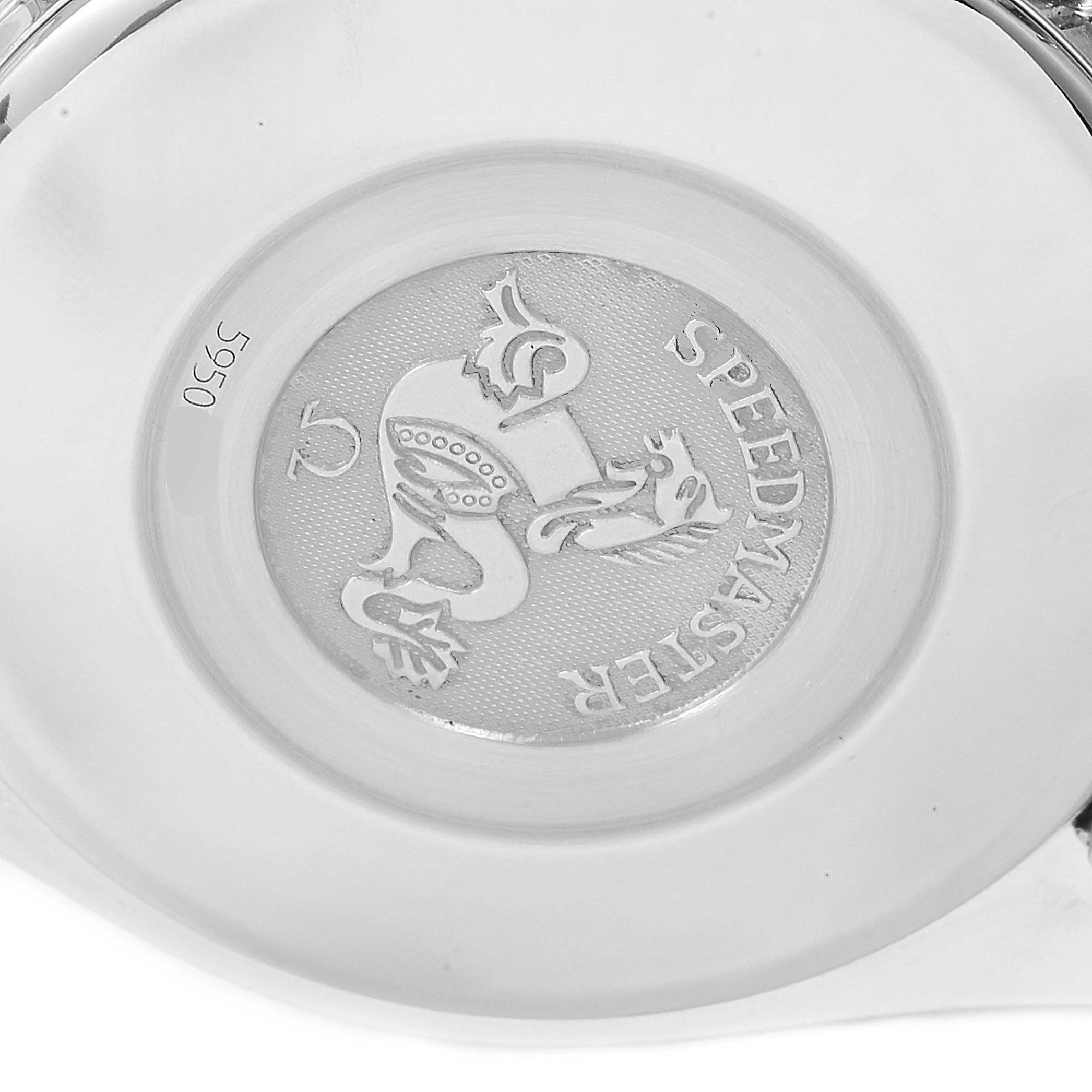 The image shows the back case of an Omega Speedmaster 3523.80.00 Men
s Stainless Steel Blue Dial 3523.80.00 Men
s Stainless Steel Blue Dial watch, featuring a detailed engraving and the "Speedmaster" inscription.