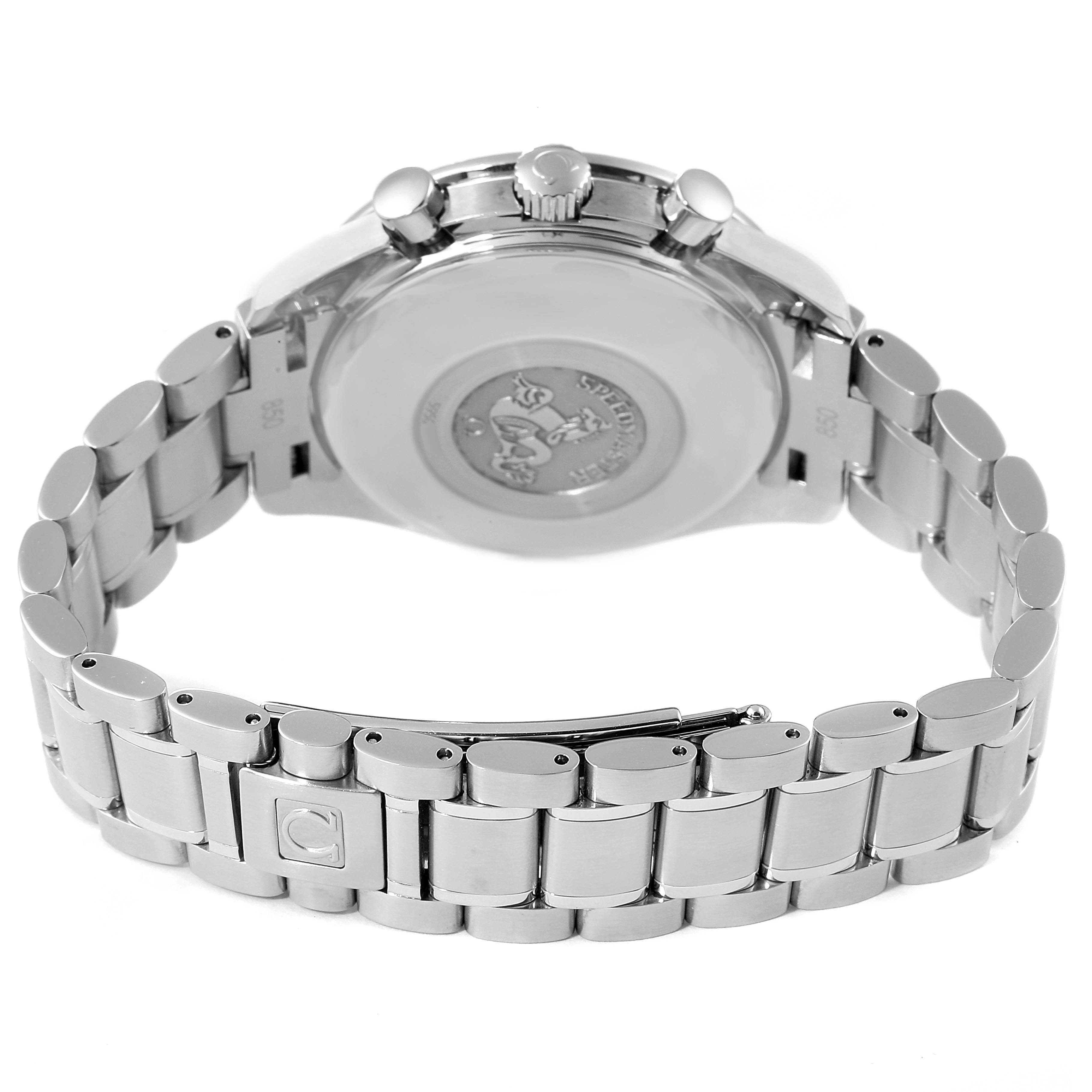 The image shows the back of an Omega Speedmaster 3523.80.00 Men
s Stainless Steel Blue Dial 3523.80.00 Men
s Stainless Steel Blue Dial watch focusing on the bracelet and case back.