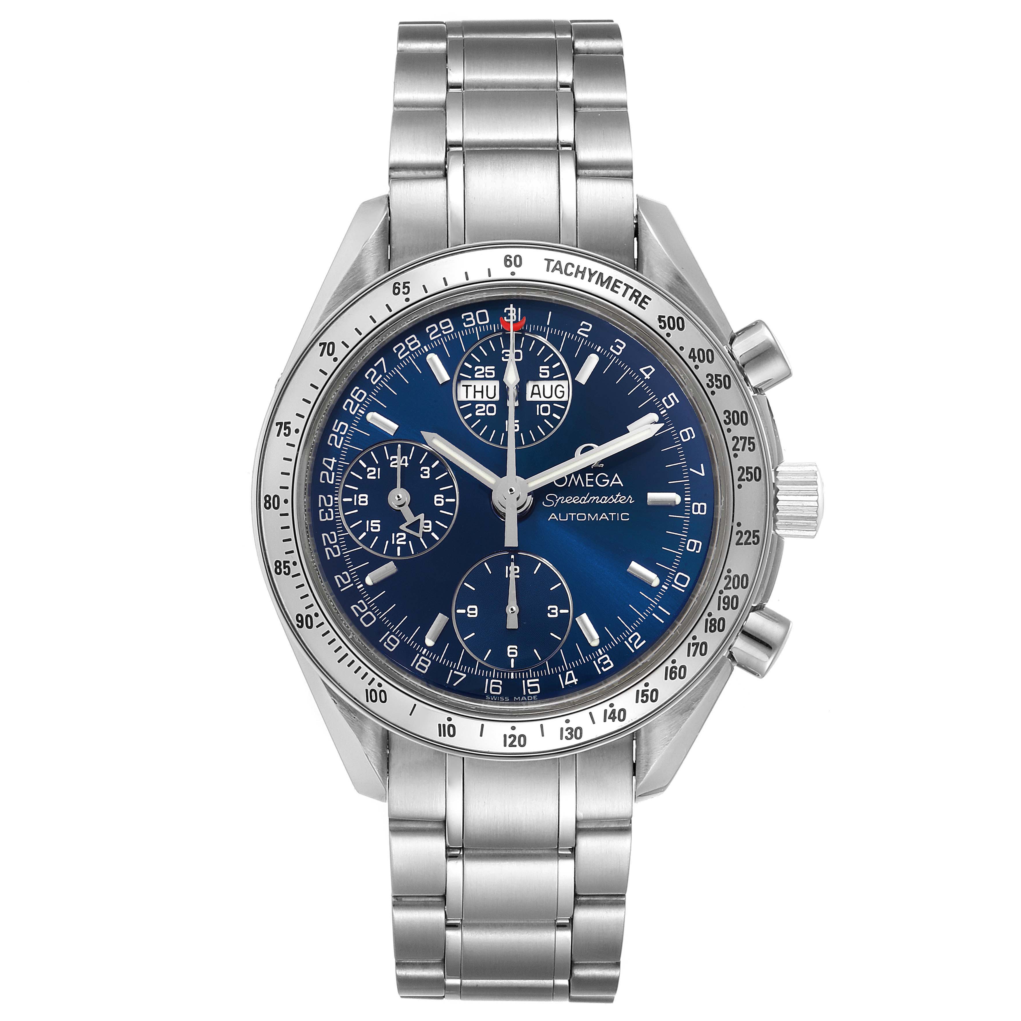 The Omega Speedmaster 3523.80.00 Men
s Stainless Steel Blue Dial 3523.80.00 Men
s Stainless Steel Blue Dial watch is shown from the front, displaying the dial, chronograph subdials, bezel, case, and bracelet.