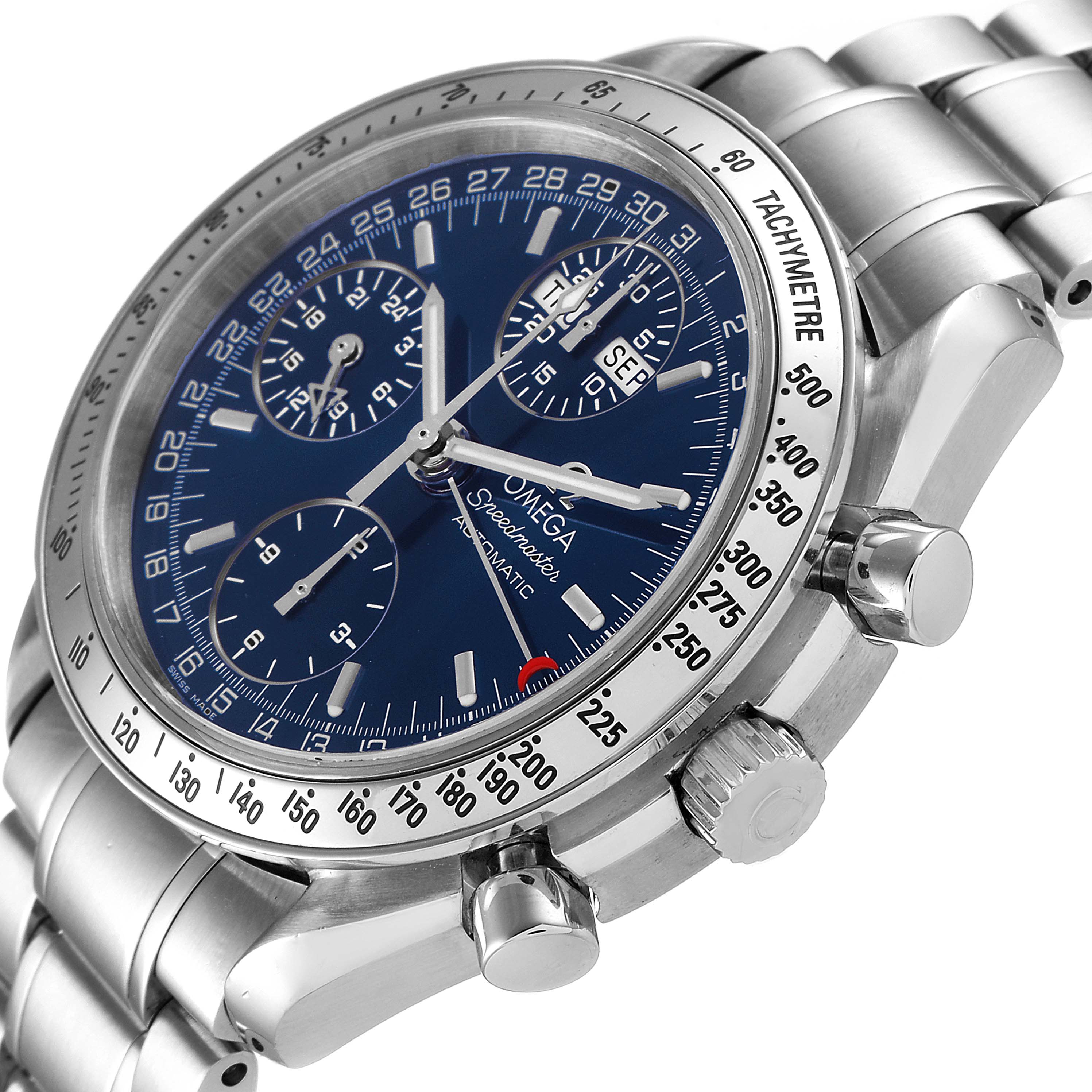The image shows an angled view of an Omega Speedmaster 3523.80.00 Men
s Stainless Steel Blue Dial 3523.80.00 Men
s Stainless Steel Blue Dial watch, highlighting its blue dial, chronograph subdials, and metallic bracelet.
