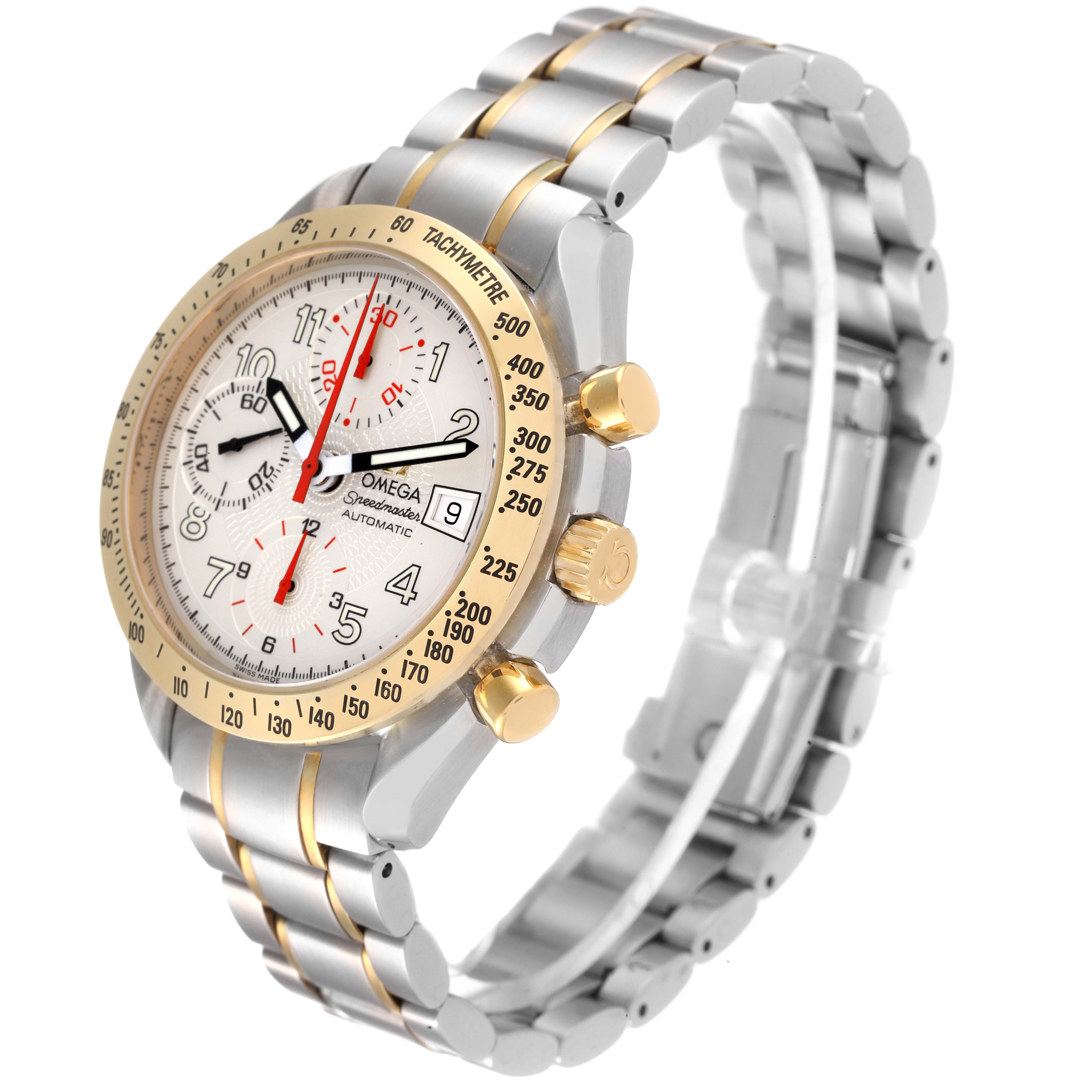 The Omega Speedmaster 3313.33.00 Men's Steel and Gold (two tone) White Dial 3313.33.00 Men's Steel and Gold (two tone) White Dial watch is shown from a three-quarter angle, highlighting the face, bezel, crown, and bracelet.