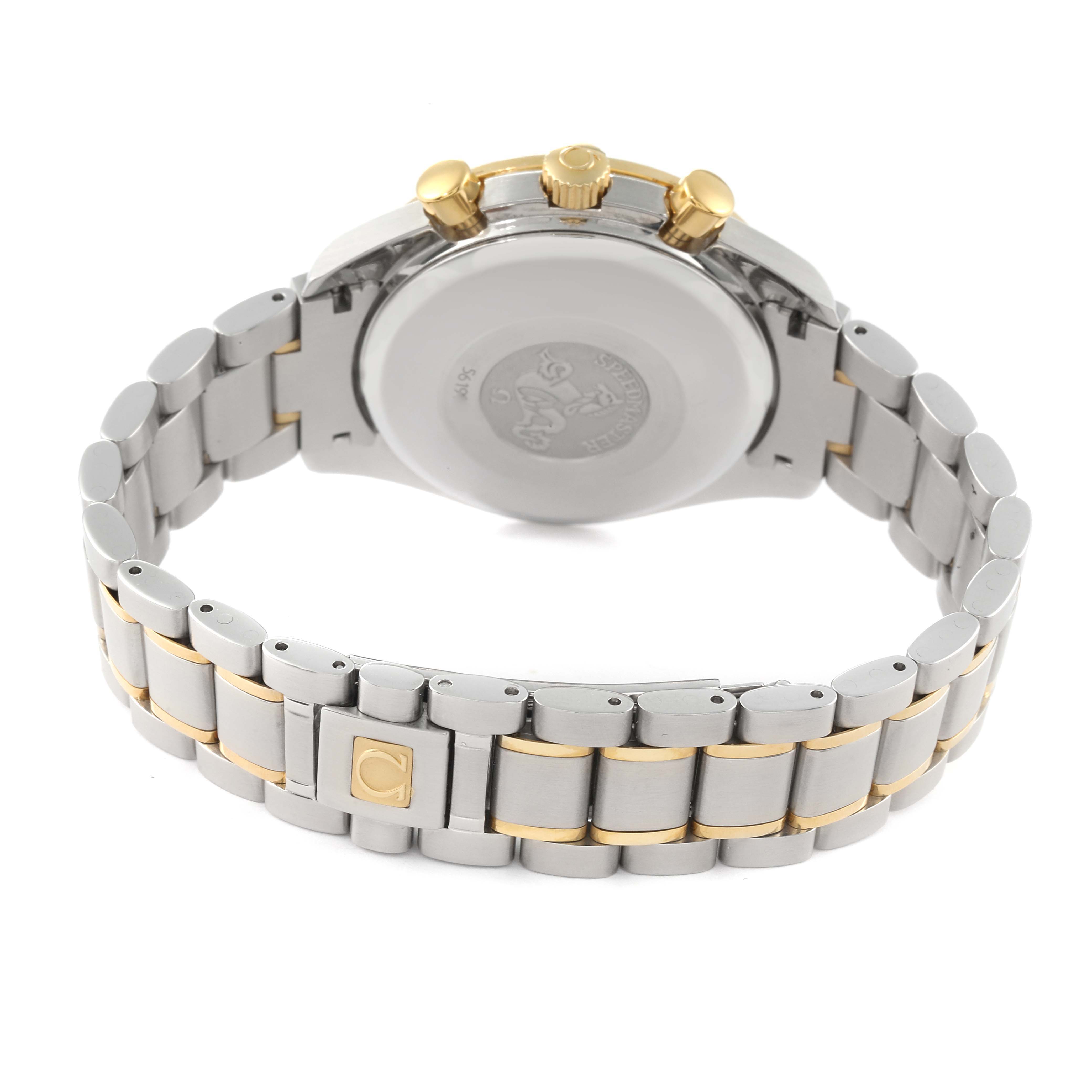 The image shows the back and bracelet of the Omega Speedmaster 3313.33.00 Men's Steel and Gold (two tone) White Dial 3313.33.00 Men's Steel and Gold (two tone) White Dial watch, highlighting the clasp and crown.