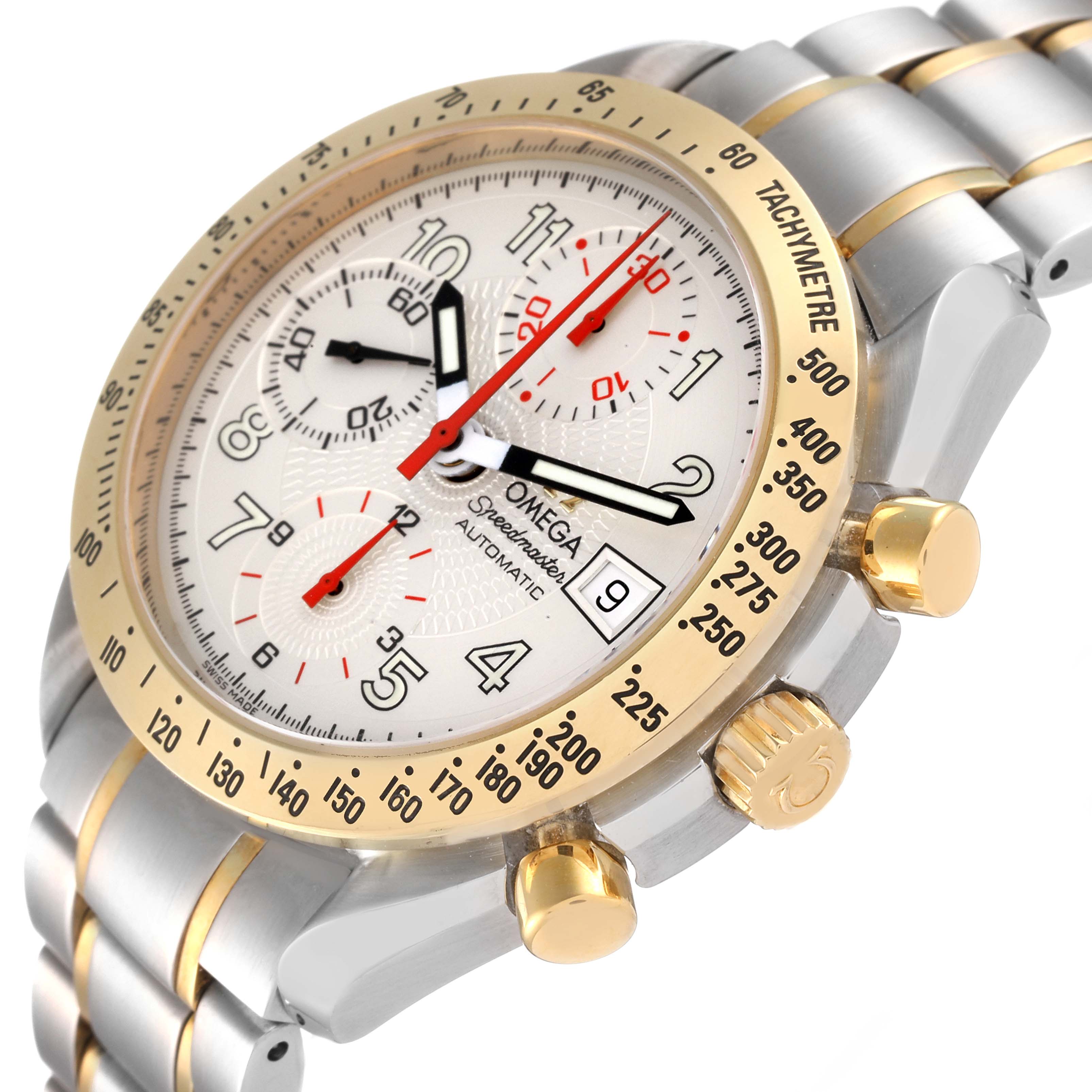 The image shows an Omega Speedmaster 3313.33.00 Men's Steel and Gold (two tone) White Dial 3313.33.00 Men's Steel and Gold (two tone) White Dial watch angled to display its face, bezel, crown, pushers, and part of the wristband.