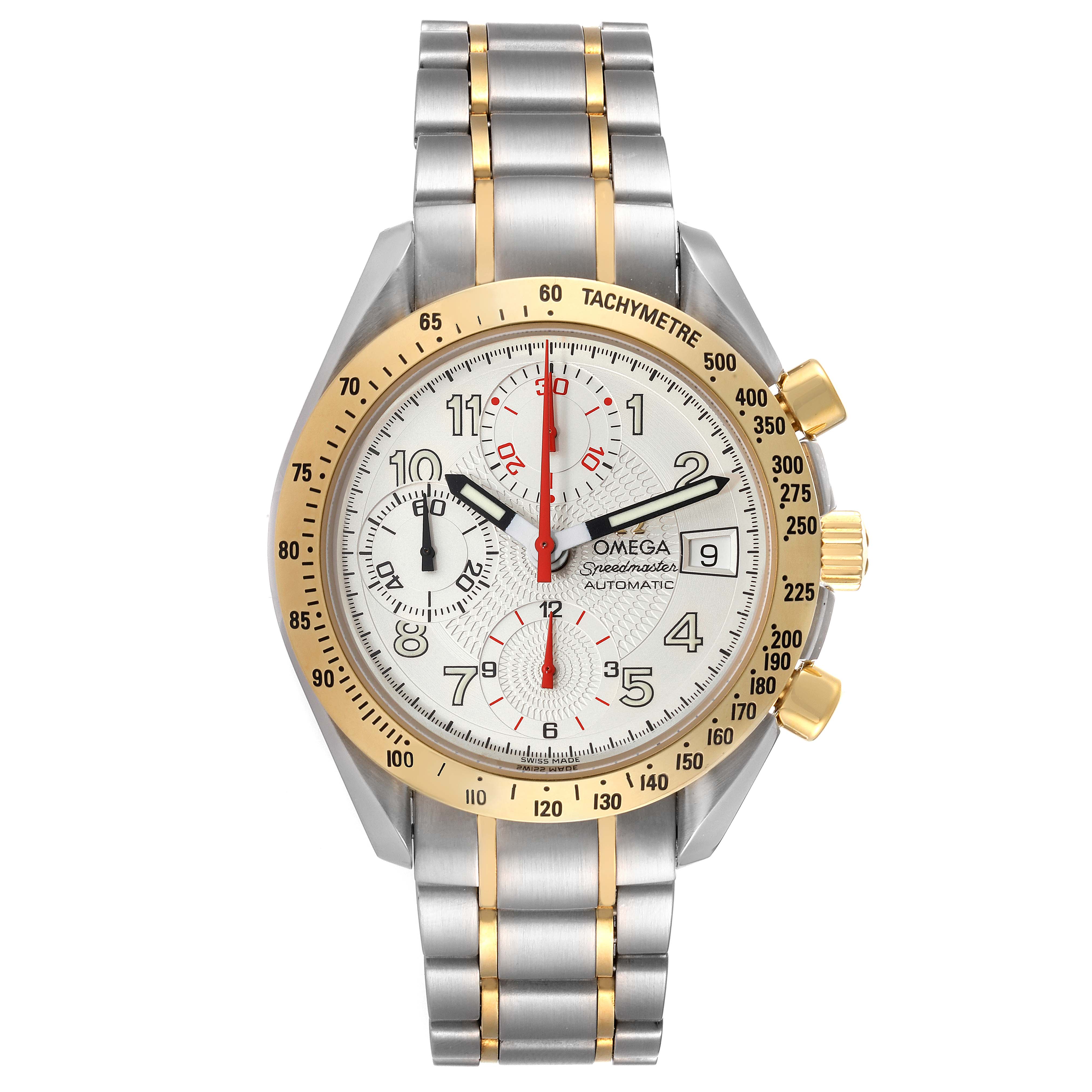 The image shows a front view of an Omega Speedmaster 3313.33.00 Men's Steel and Gold (two tone) White Dial 3313.33.00 Men's Steel and Gold (two tone) White Dial watch, displaying its face, bezel, and metal bracelet.