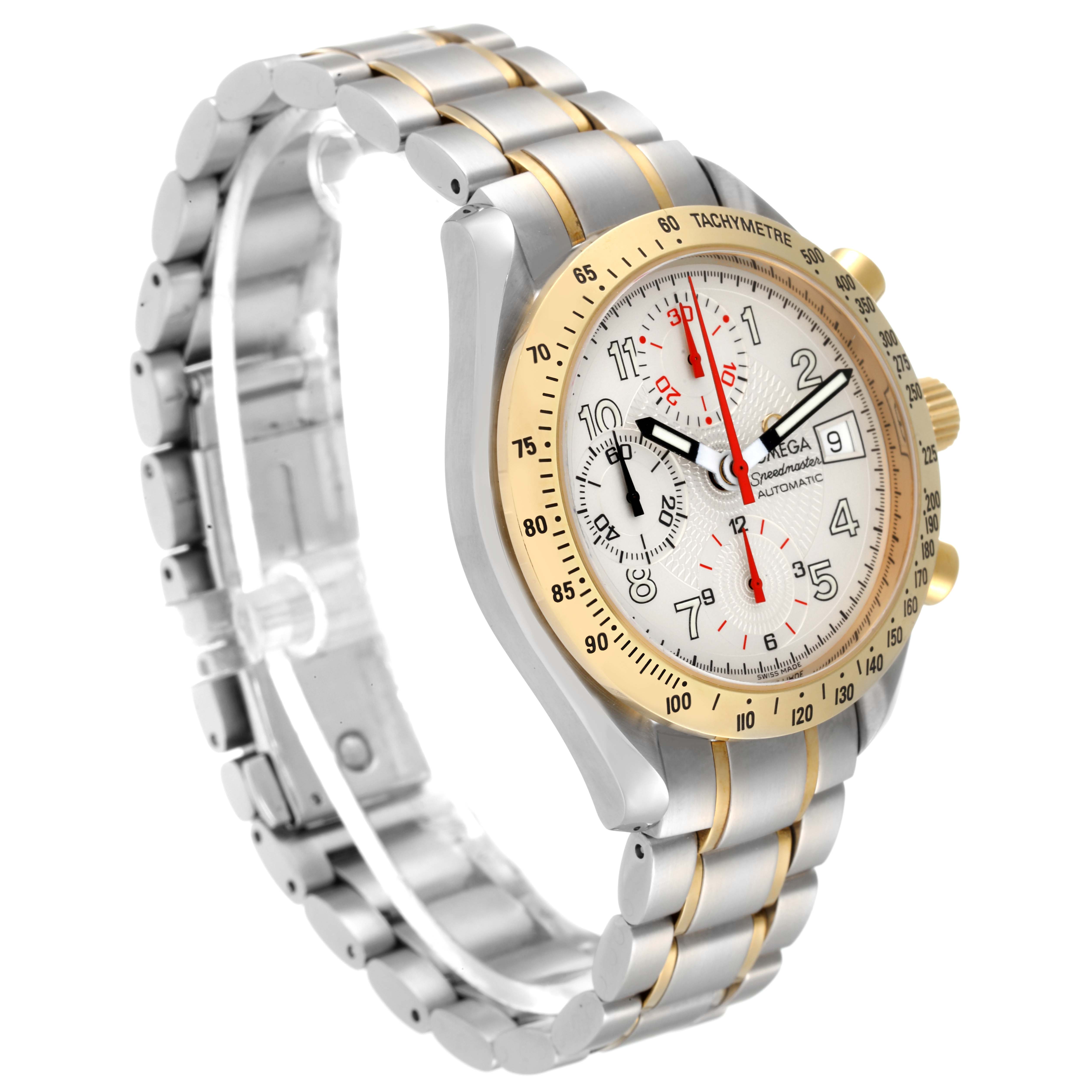 The image shows an angled view of an Omega Speedmaster 3313.33.00 Men's Steel and Gold (two tone) White Dial 3313.33.00 Men's Steel and Gold (two tone) White Dial watch, highlighting its bezel, face, and metal bracelet.