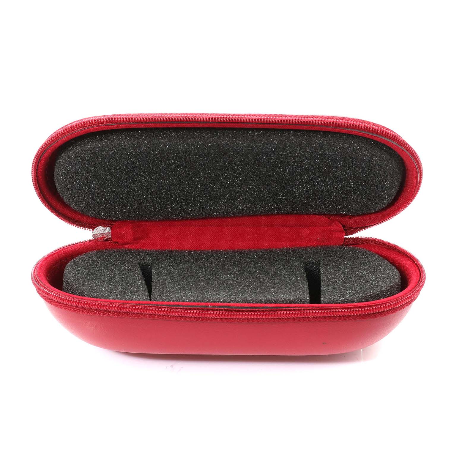 This image shows an open, red Omega Speedmaster 3313.33.00 Men's Steel and Gold (two tone) White Dial 3313.33.00 Men's Steel and Gold (two tone) White Dial watch travel case with black foam cushioning inside.