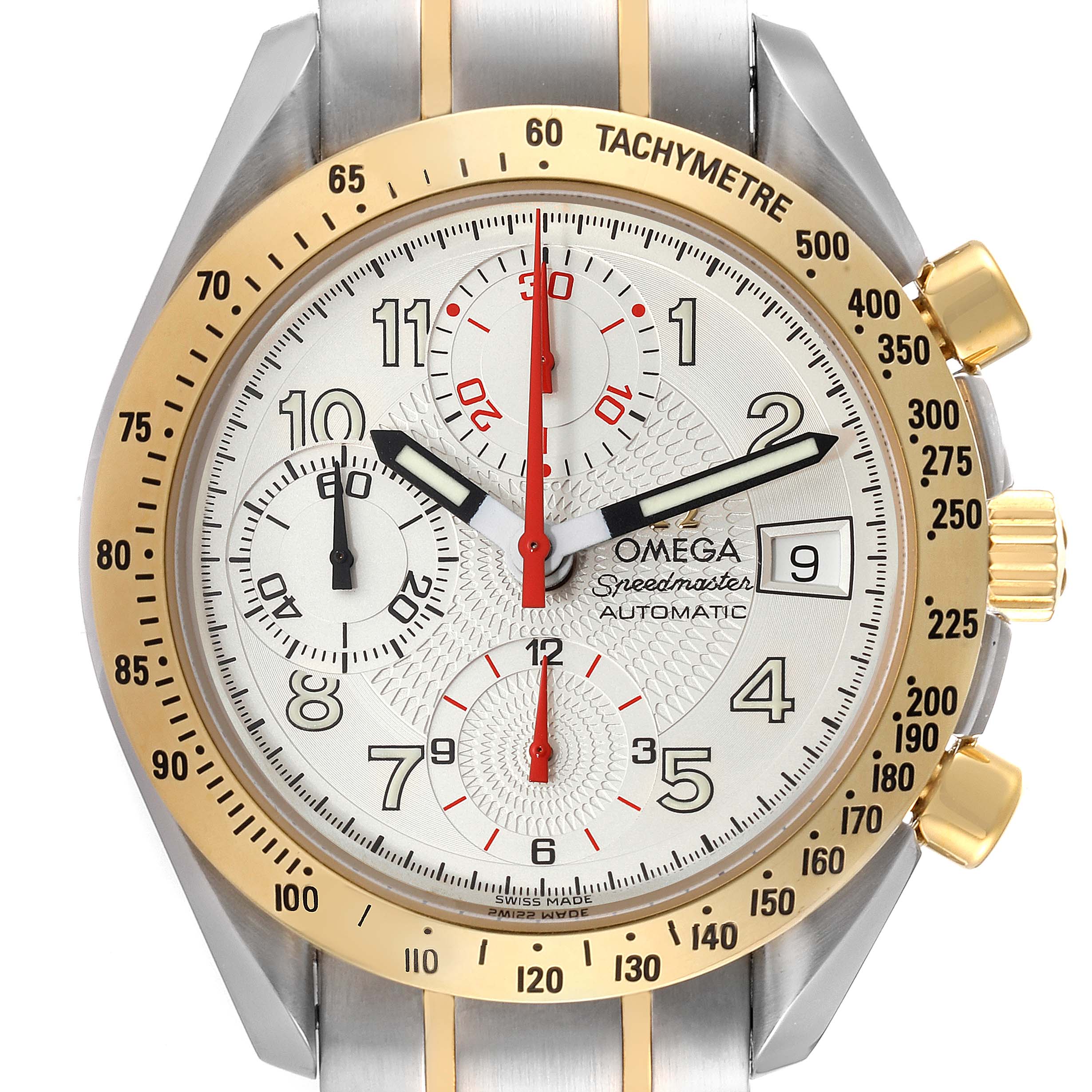 The Omega Speedmaster 3313.33.00 Men's Steel and Gold (two tone) White Dial 3313.33.00 Men's Steel and Gold (two tone) White Dial watch is shown in a close-up, front-facing angle, highlighting the dial, bezel, pushers, and crown.