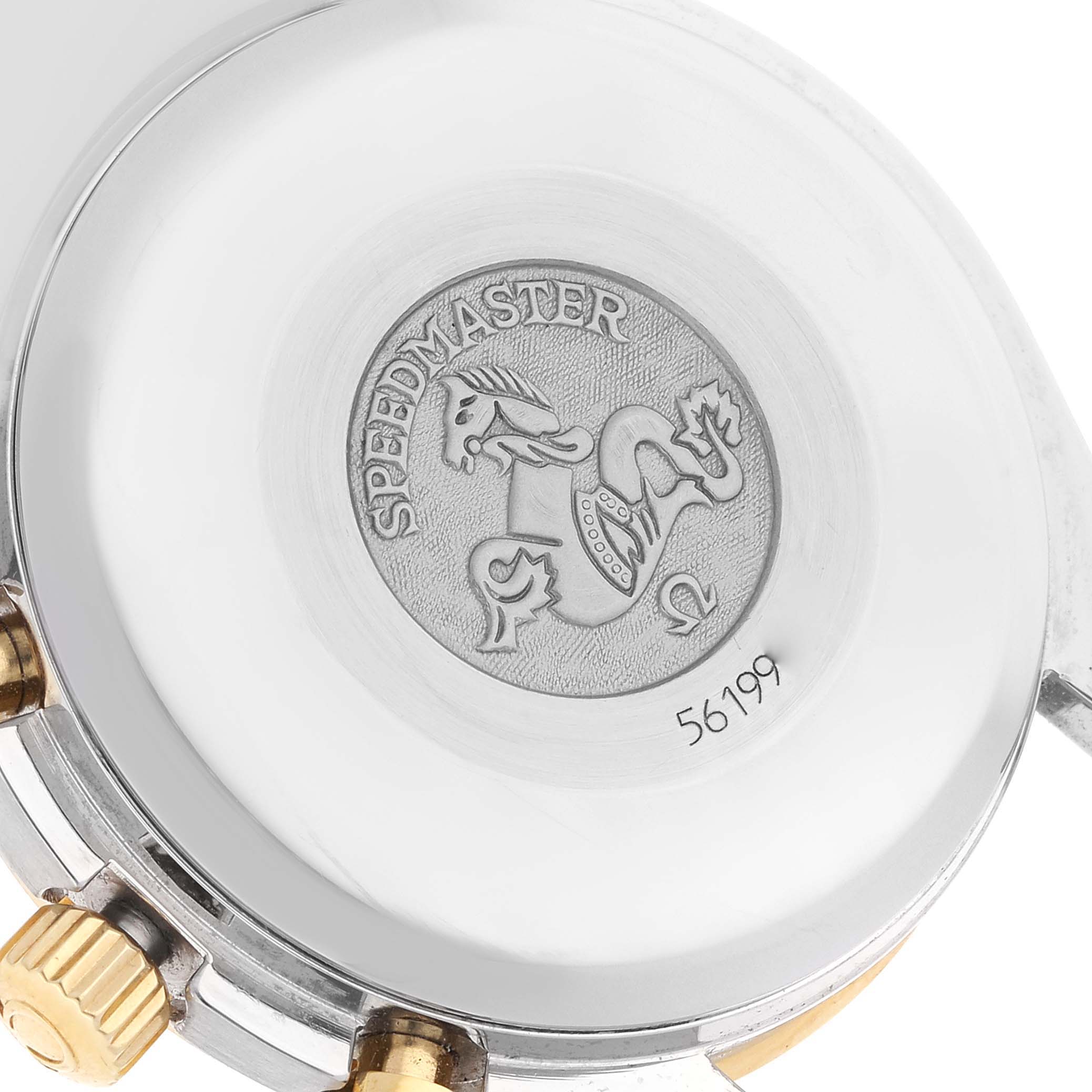 The image shows the back casing of an Omega Speedmaster 3313.33.00 Men's Steel and Gold (two tone) White Dial 3313.33.00 Men's Steel and Gold (two tone) White Dial watch, highlighting the engraved emblem and model number.