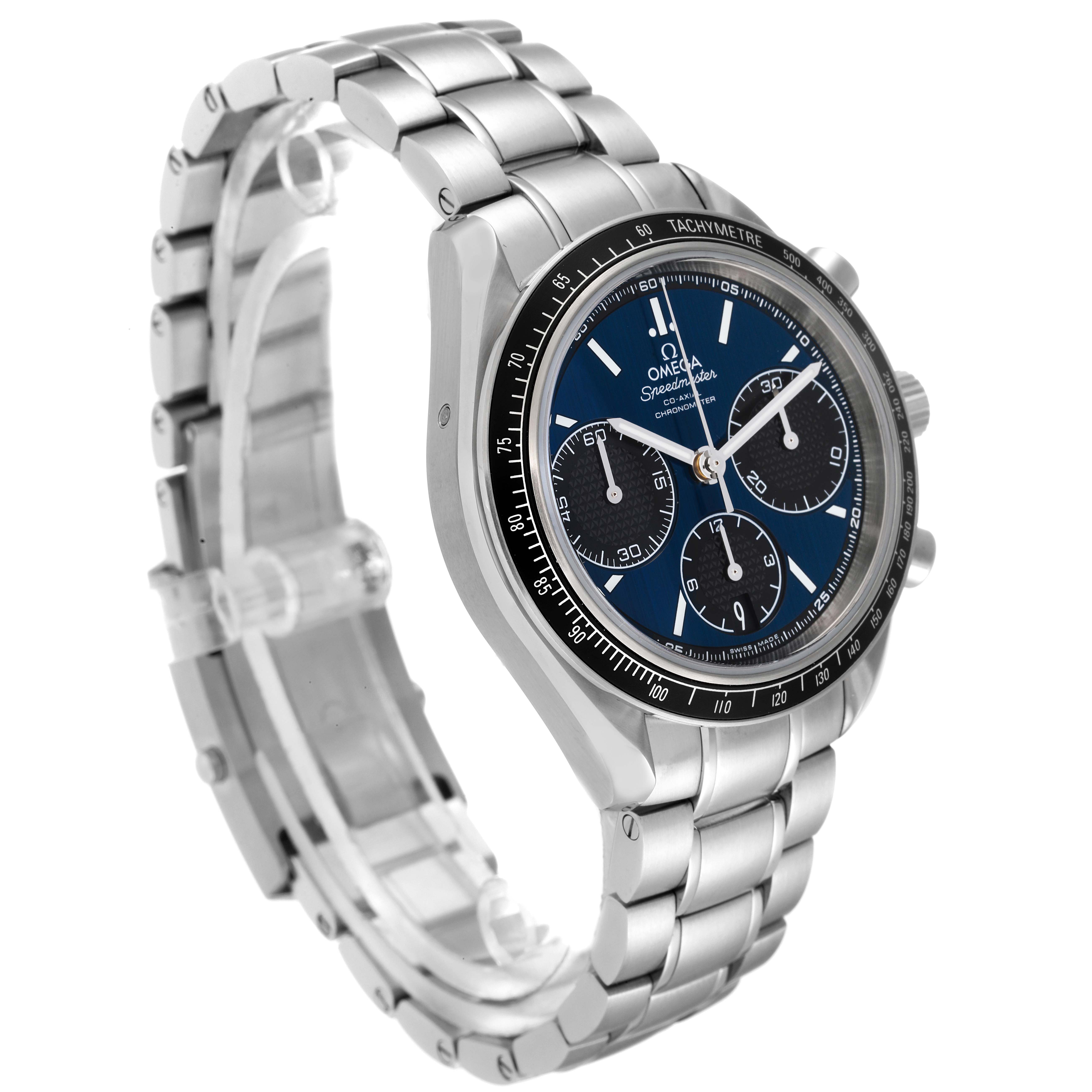 The image shows a three-quarter angle of the Omega Speedmaster 326.30.40.50.03.001 Men's Stainless Steel Blue Dial 326.30.40.50.03.001 Men's Stainless Steel Blue Dial watch, highlighting its case, dial, bezel, and metal bracelet.