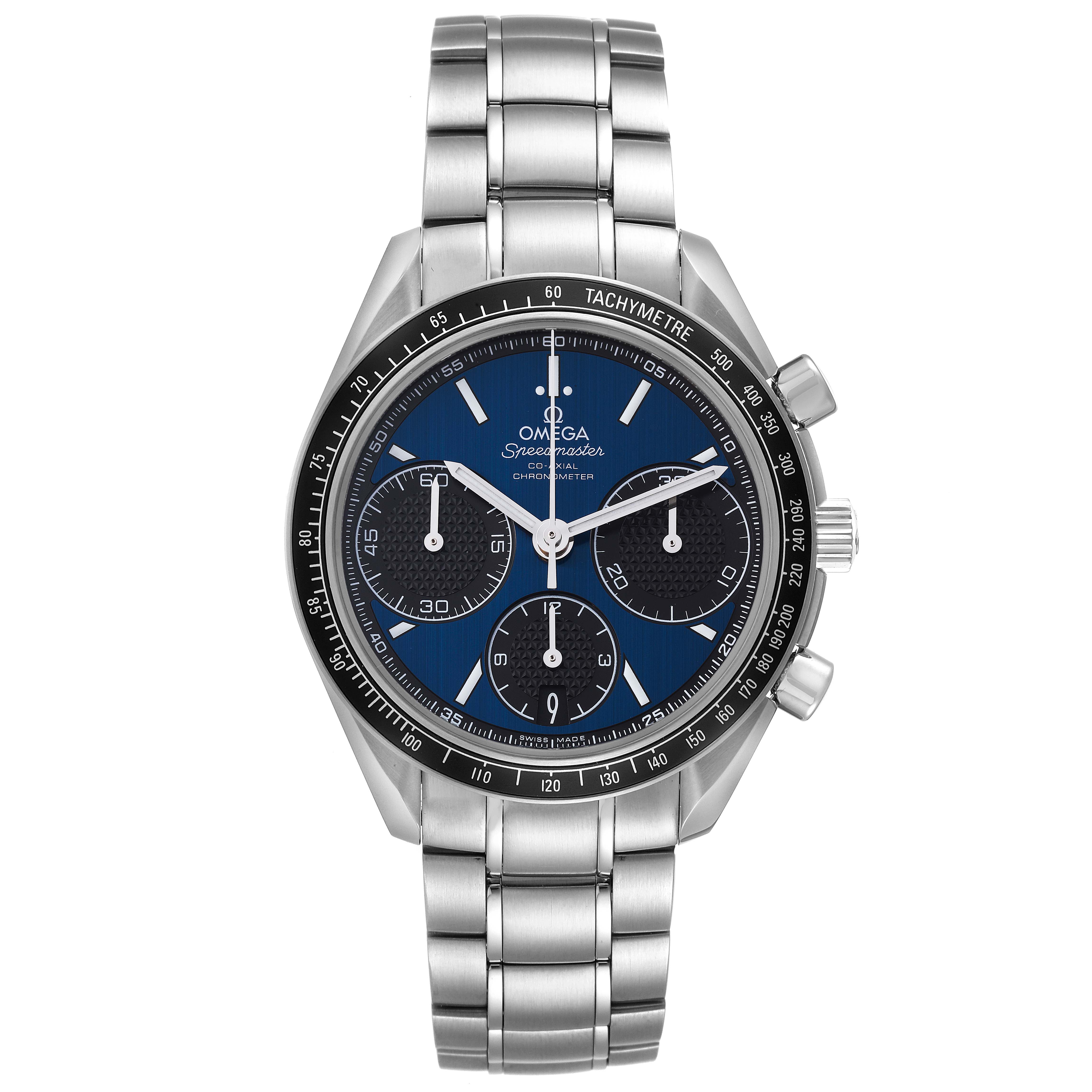 The image shows a front view of an Omega Speedmaster 326.30.40.50.03.001 Men's Stainless Steel Blue Dial 326.30.40.50.03.001 Men's Stainless Steel Blue Dial watch, highlighting the dial, bezel, pushers, and metal bracelet.