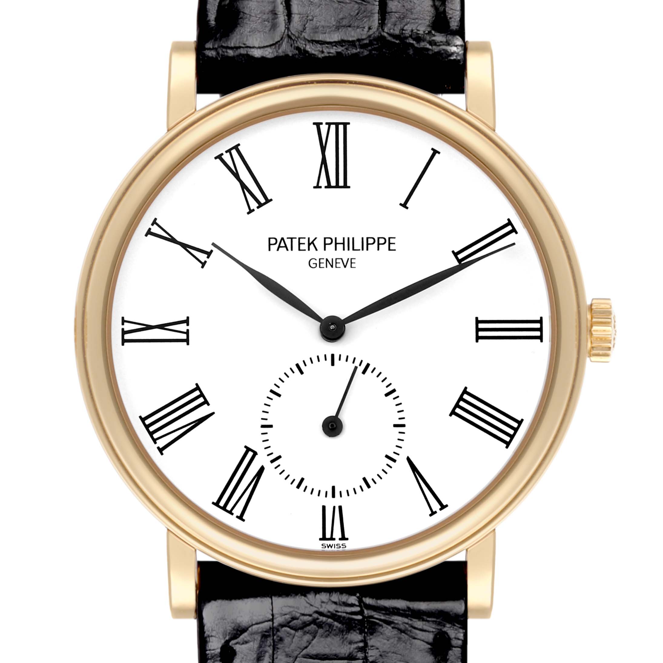 The image shows a front view of a Patek Philippe Calatrava 5022J Men's Yellow Gold White Dial 5022J Men's Yellow Gold White Dial watch, highlighting the dial, Roman numerals, and crown.