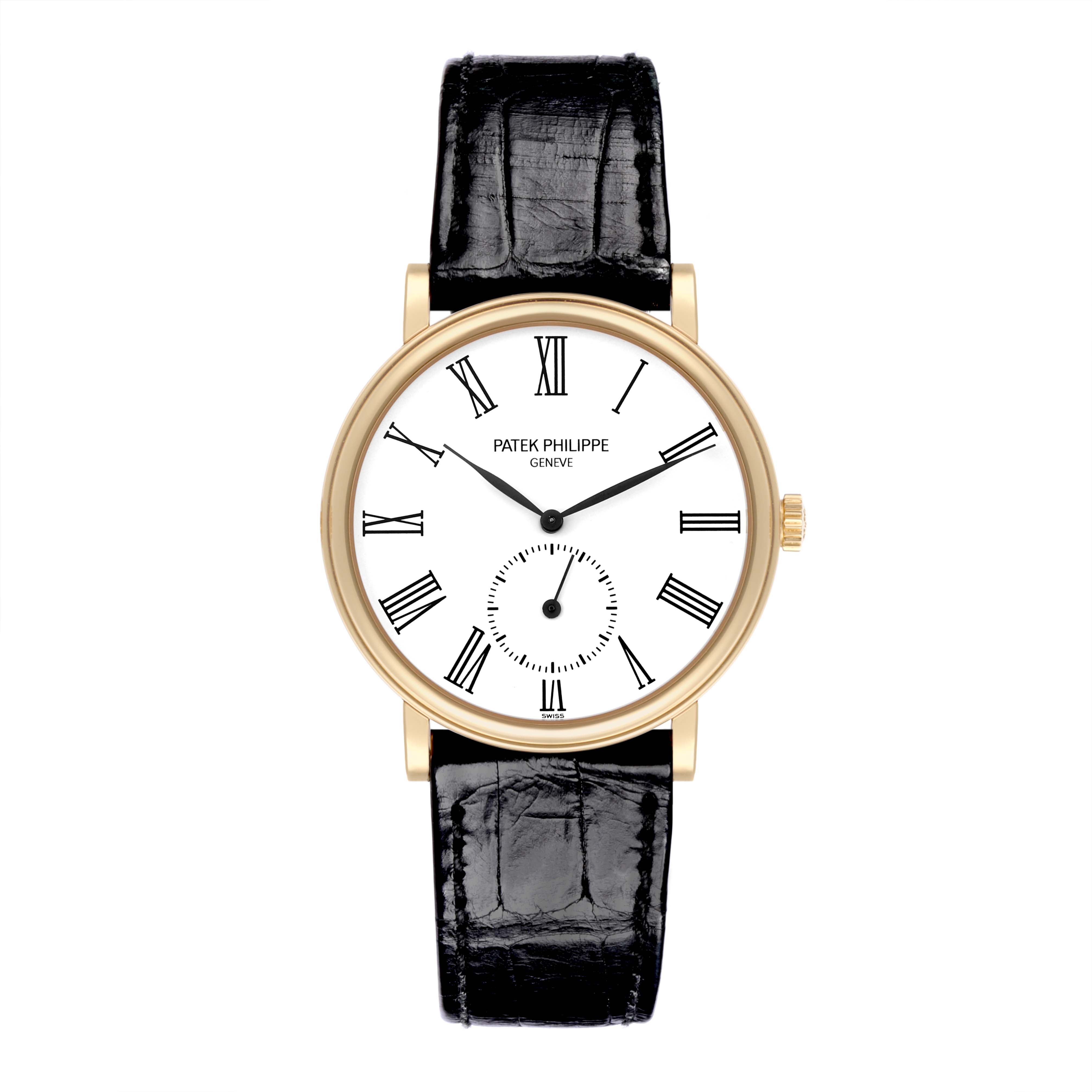 The Patek Philippe Calatrava 5022J Men's Yellow Gold White Dial 5022J Men's Yellow Gold White Dial watch is shown from a front angle, displaying the dial, case, and leather strap.