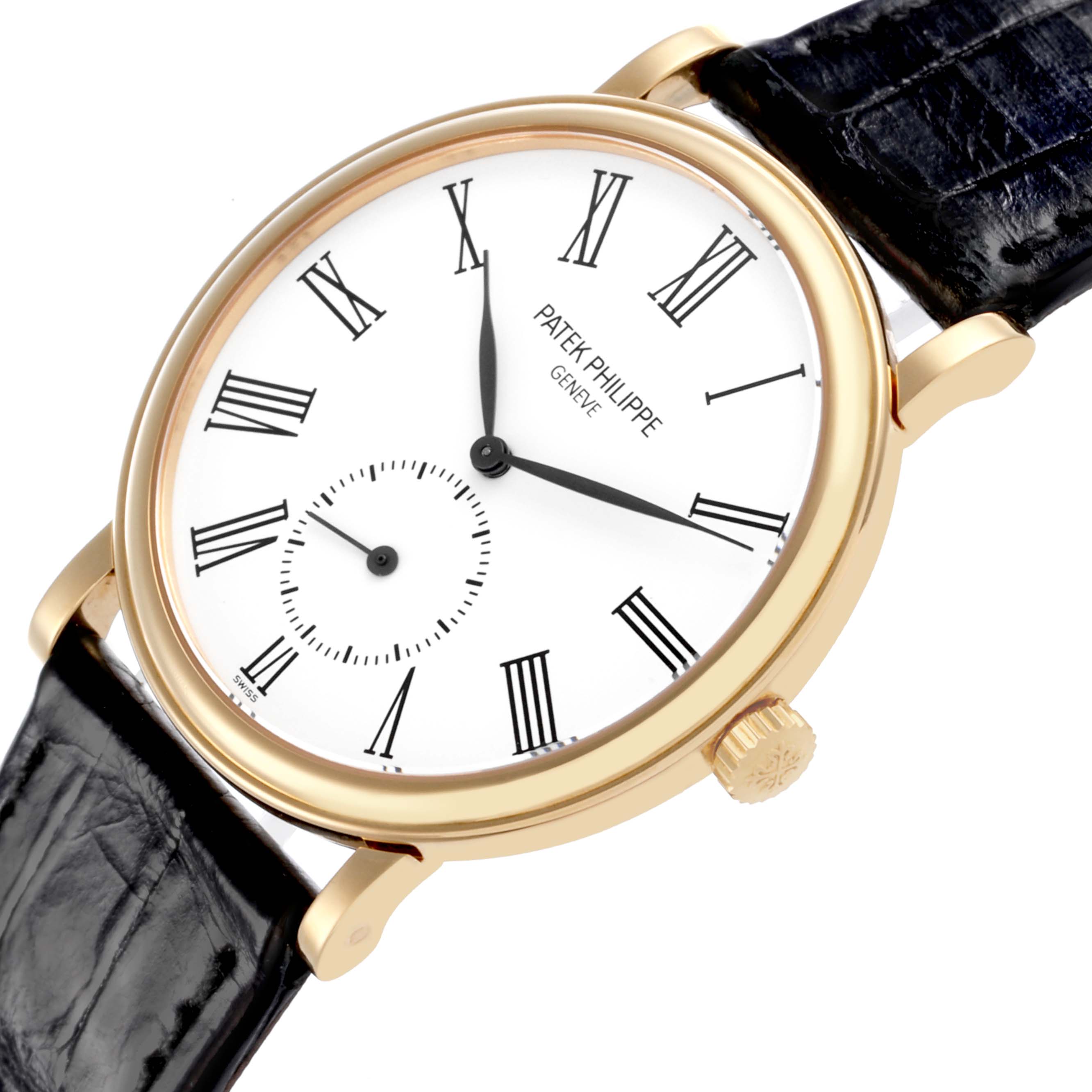 The image shows a Patek Philippe Calatrava 5022J Men's Yellow Gold White Dial 5022J Men's Yellow Gold White Dial watch angled slightly to display the face, Roman numerals, and crown with a black leather strap.