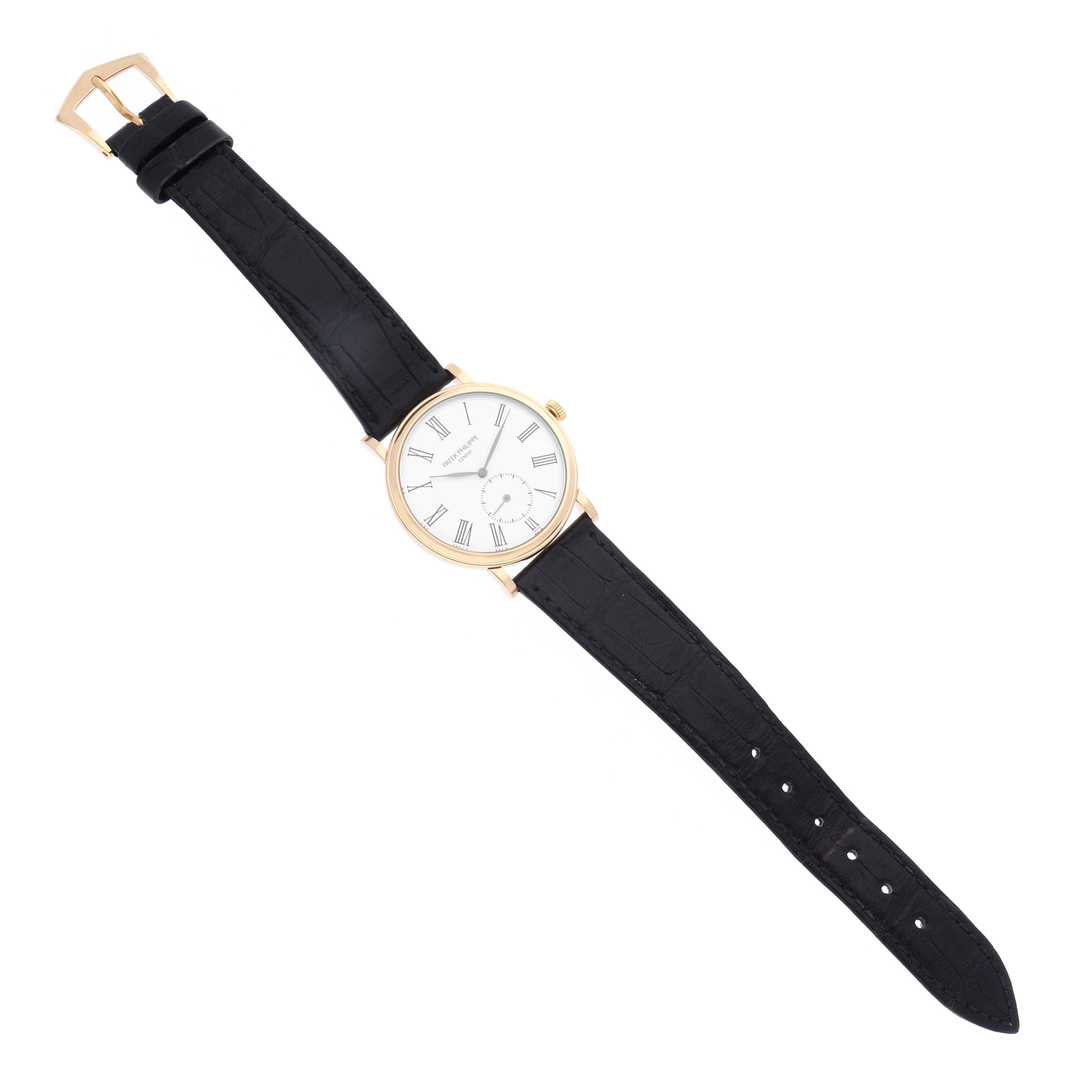 The Patek Philippe Calatrava 5022J Men's Yellow Gold White Dial 5022J Men's Yellow Gold White Dial watch is shown in a top view, featuring its face, case, and strap.