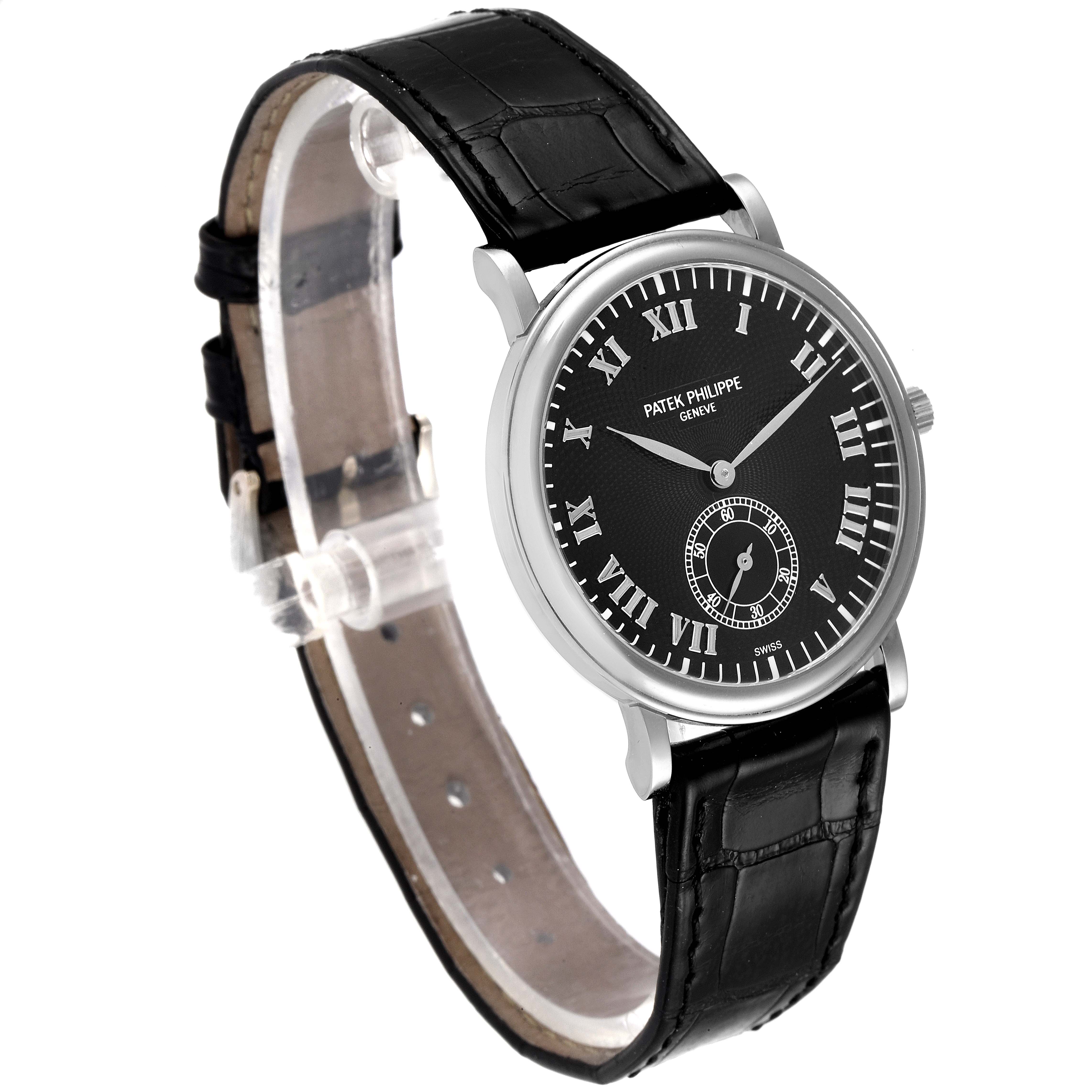 The Patek Philippe Calatrava 5022G Men's White Gold Black Dial 5022G Men's White Gold Black Dial watch is shown at a front angle, highlighting its black dial, Roman numerals, and leather strap.