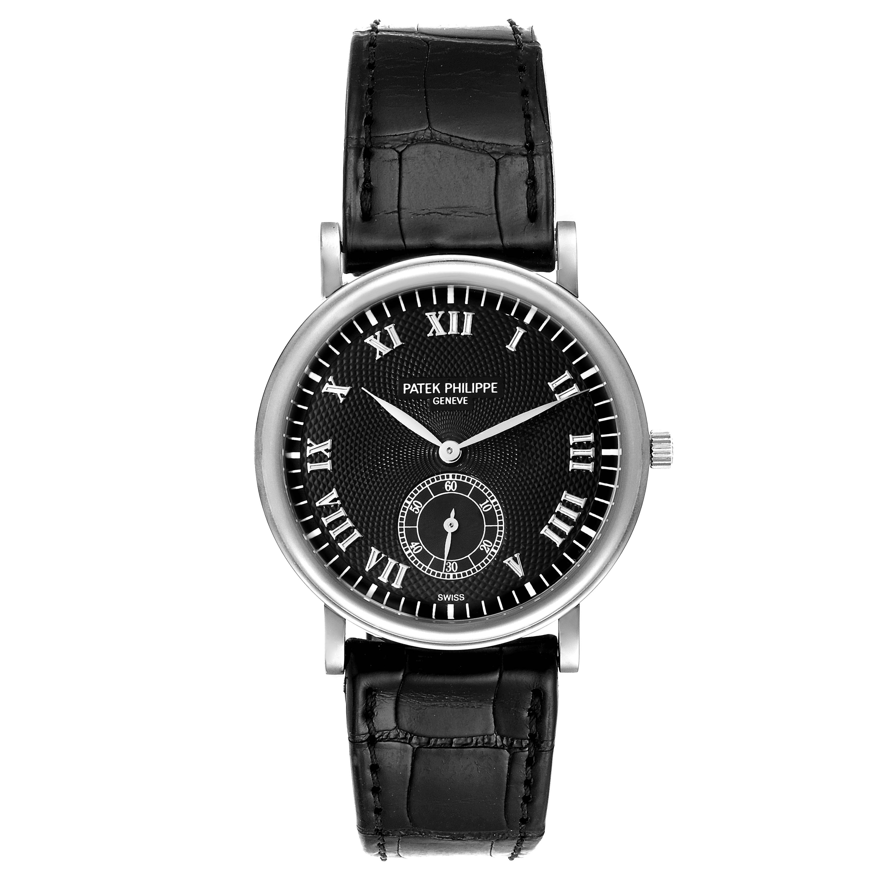 The image shows a frontal view of a Patek Philippe Calatrava 5022G Men's White Gold Black Dial 5022G Men's White Gold Black Dial watch with a black leather strap and Roman numeral markers.