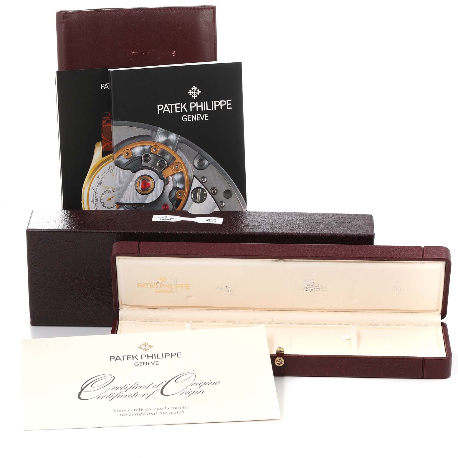 The image shows the packaging and documentation for a Patek Philippe Calatrava 5022G Men's White Gold Black Dial 5022G Men's White Gold Black Dial model watch, including a box, booklet, and certificate.