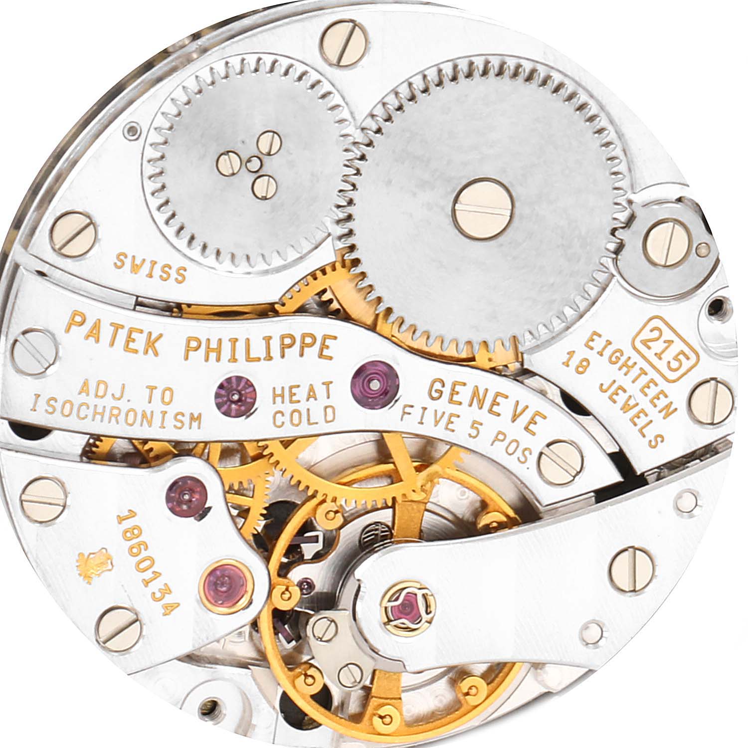 The image shows a close-up view of the movement and gear components of a Patek Philippe Calatrava 5022G Men's White Gold Black Dial 5022G Men's White Gold Black Dial watch.
