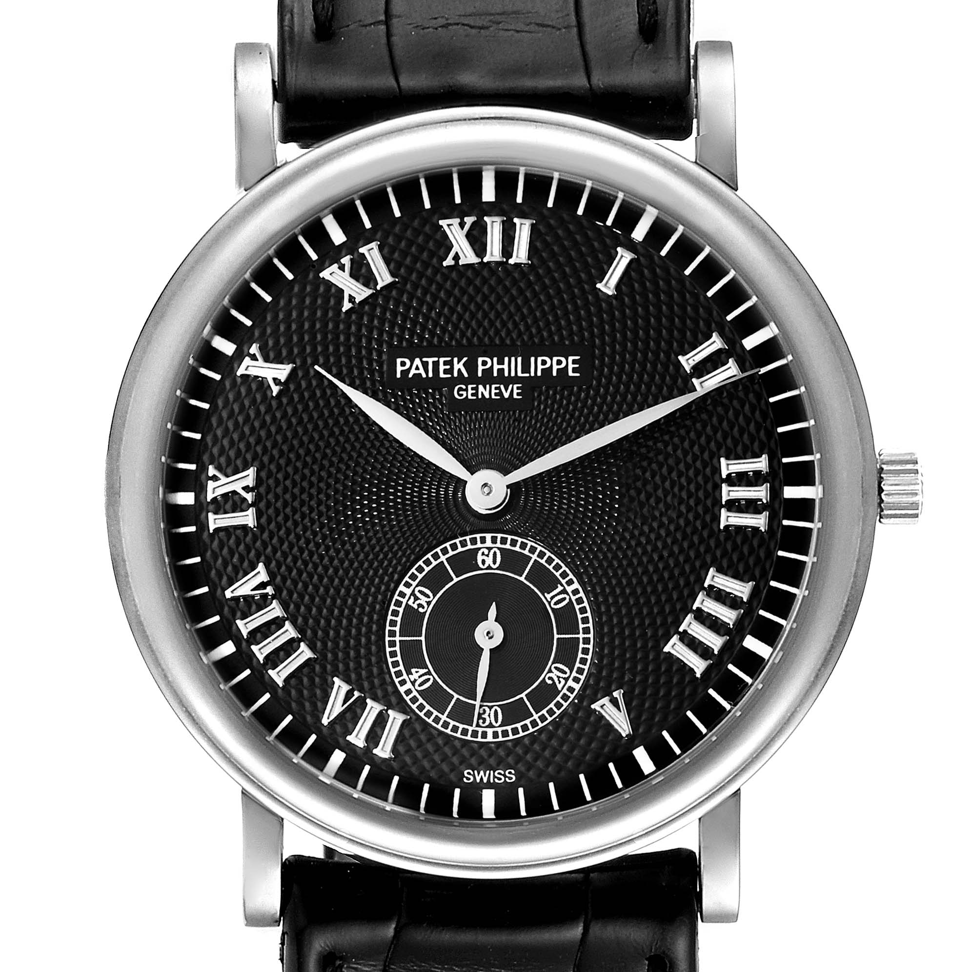 The image shows a frontal view of a Patek Philippe Calatrava 5022G Men's White Gold Black Dial 5022G Men's White Gold Black Dial watch, featuring its black dial, Roman numerals, and leather strap.