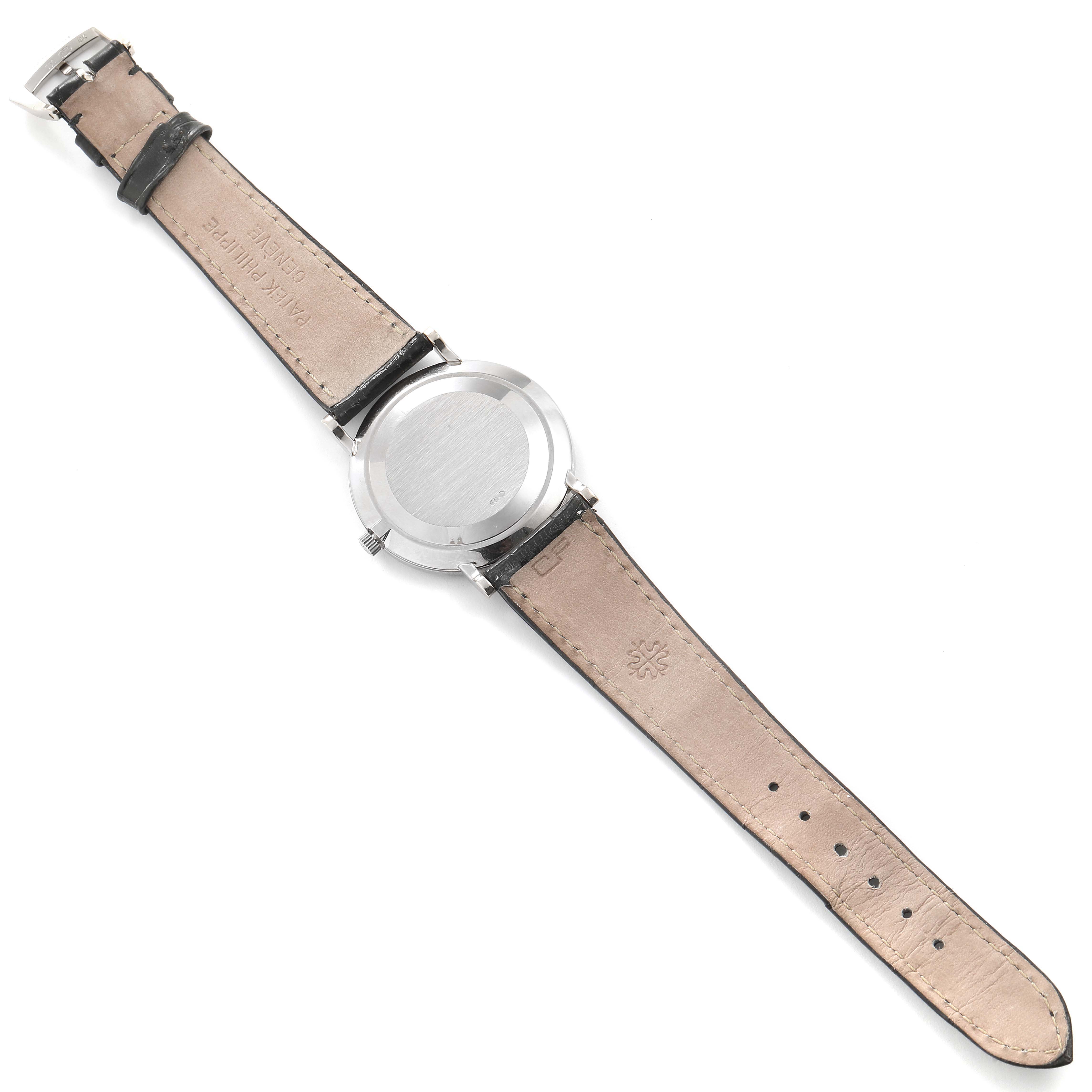 This image shows the back of the Patek Philippe Calatrava 5022G Men's White Gold Black Dial 5022G Men's White Gold Black Dial watch, including the leather strap and buckle.