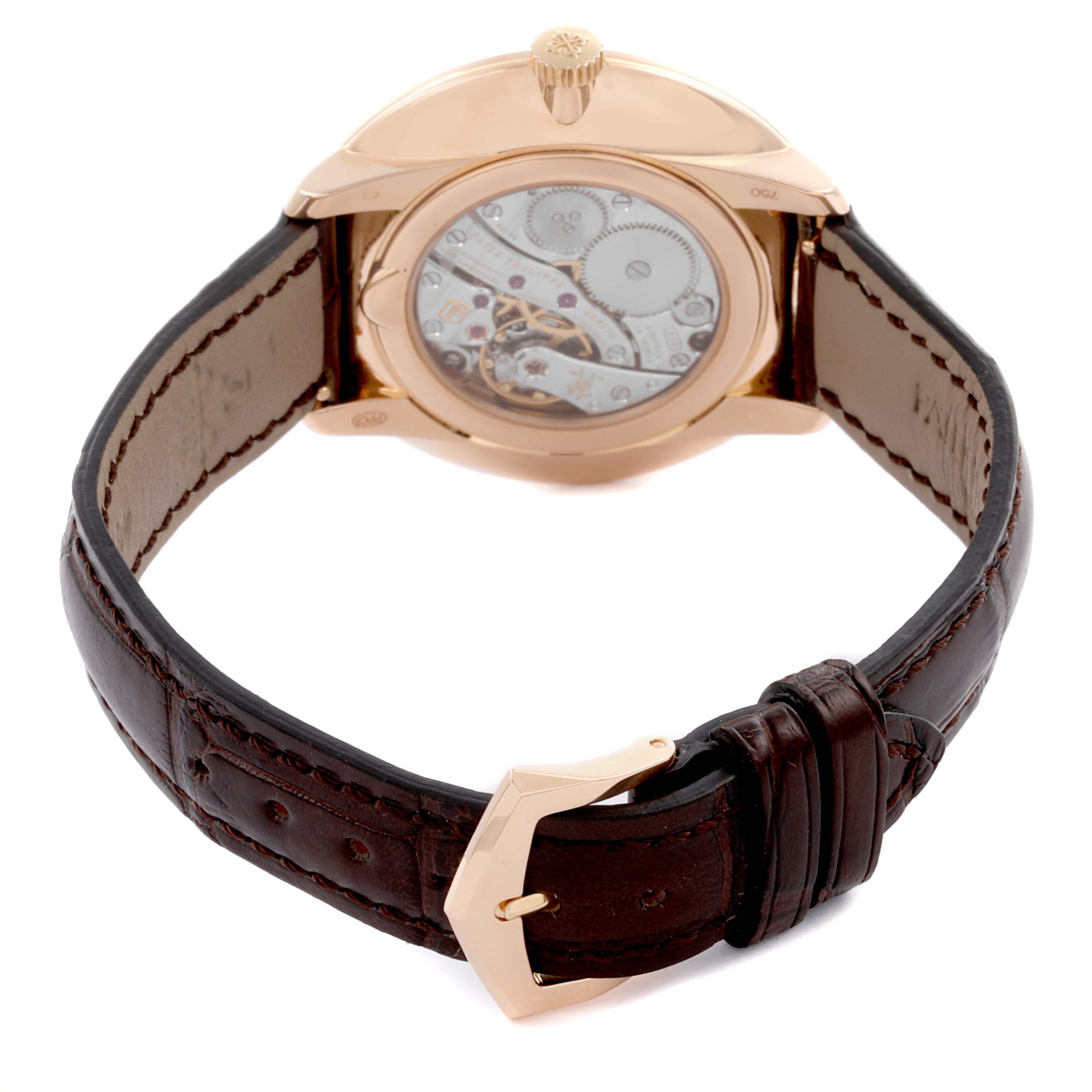 The image shows the back view of a Patek Philippe Calatrava 5123R Men's Rose Gold Silver Dial 5123R Men's Rose Gold Silver Dial watch, highlighting its movement and leather strap.