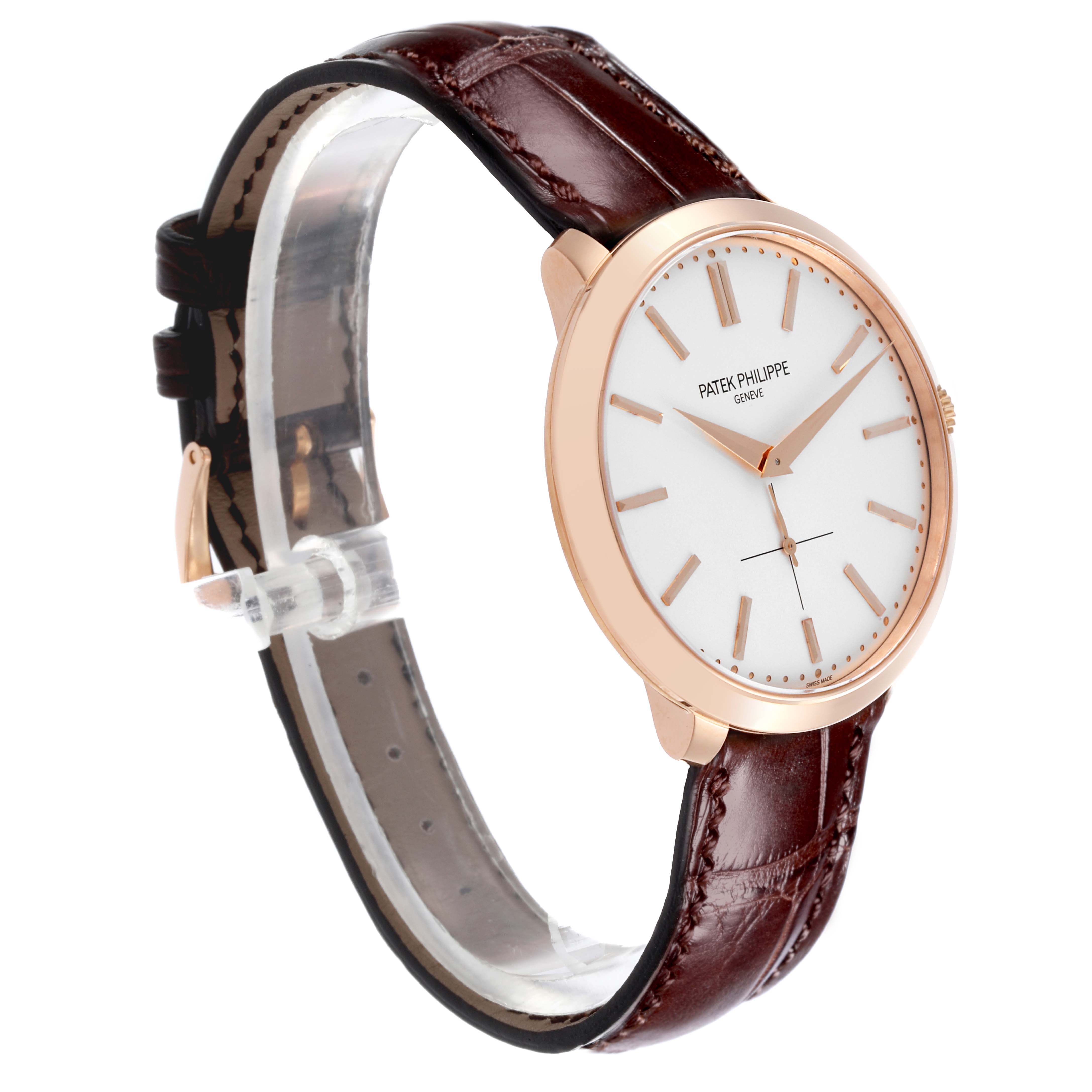 The Patek Philippe Calatrava 5123R Men's Rose Gold Silver Dial 5123R Men's Rose Gold Silver Dial watch is shown from a side angle, displaying the face, bezel, and leather strap.