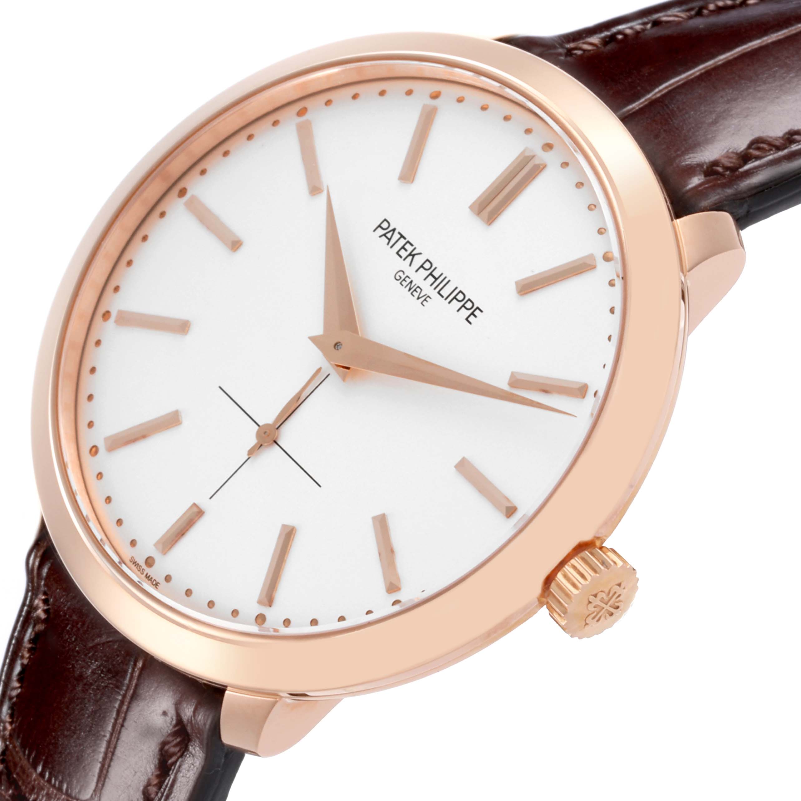 The Patek Philippe Calatrava 5123R Men's Rose Gold Silver Dial 5123R Men's Rose Gold Silver Dial watch is shown at a slight side angle, highlighting the face, crown, and leather strap.
