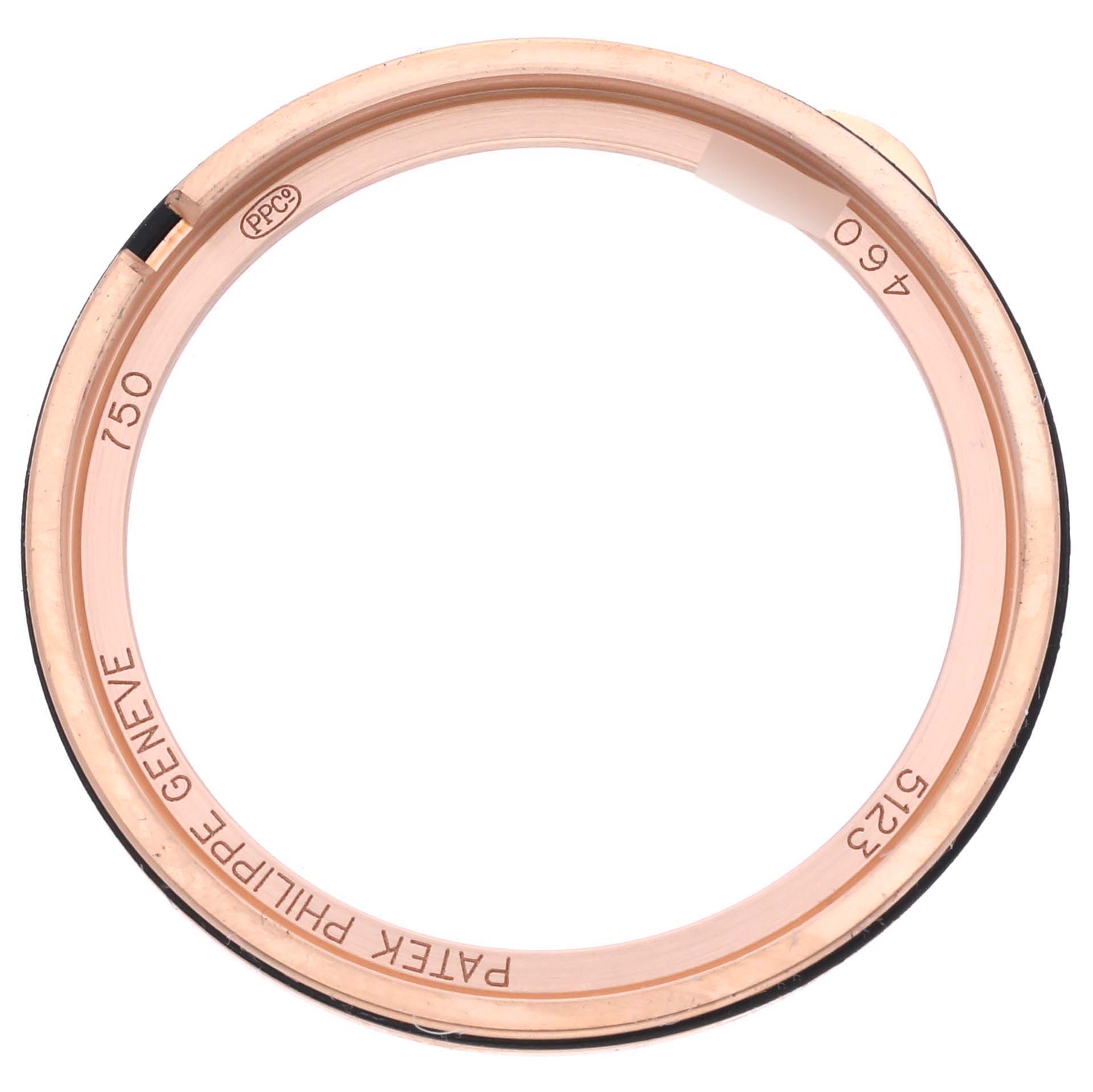 This image shows the bezel of a Patek Philippe Calatrava 5123R Men's Rose Gold Silver Dial 5123R Men's Rose Gold Silver Dial watch from a top view.