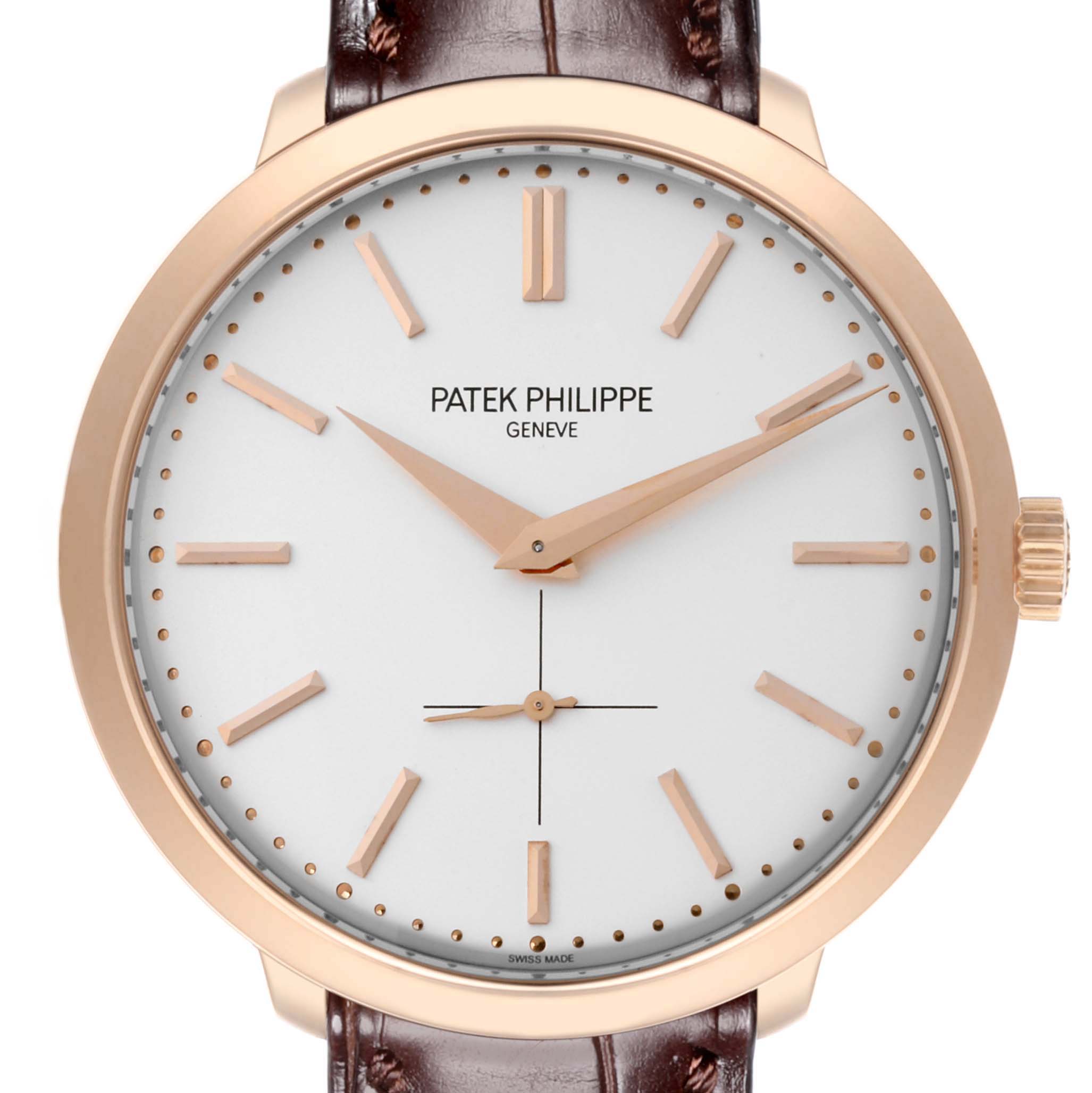 The image shows a front view of the Patek Philippe Calatrava 5123R Men's Rose Gold Silver Dial 5123R Men's Rose Gold Silver Dial watch, featuring its dial, hands, indices, and crown.
