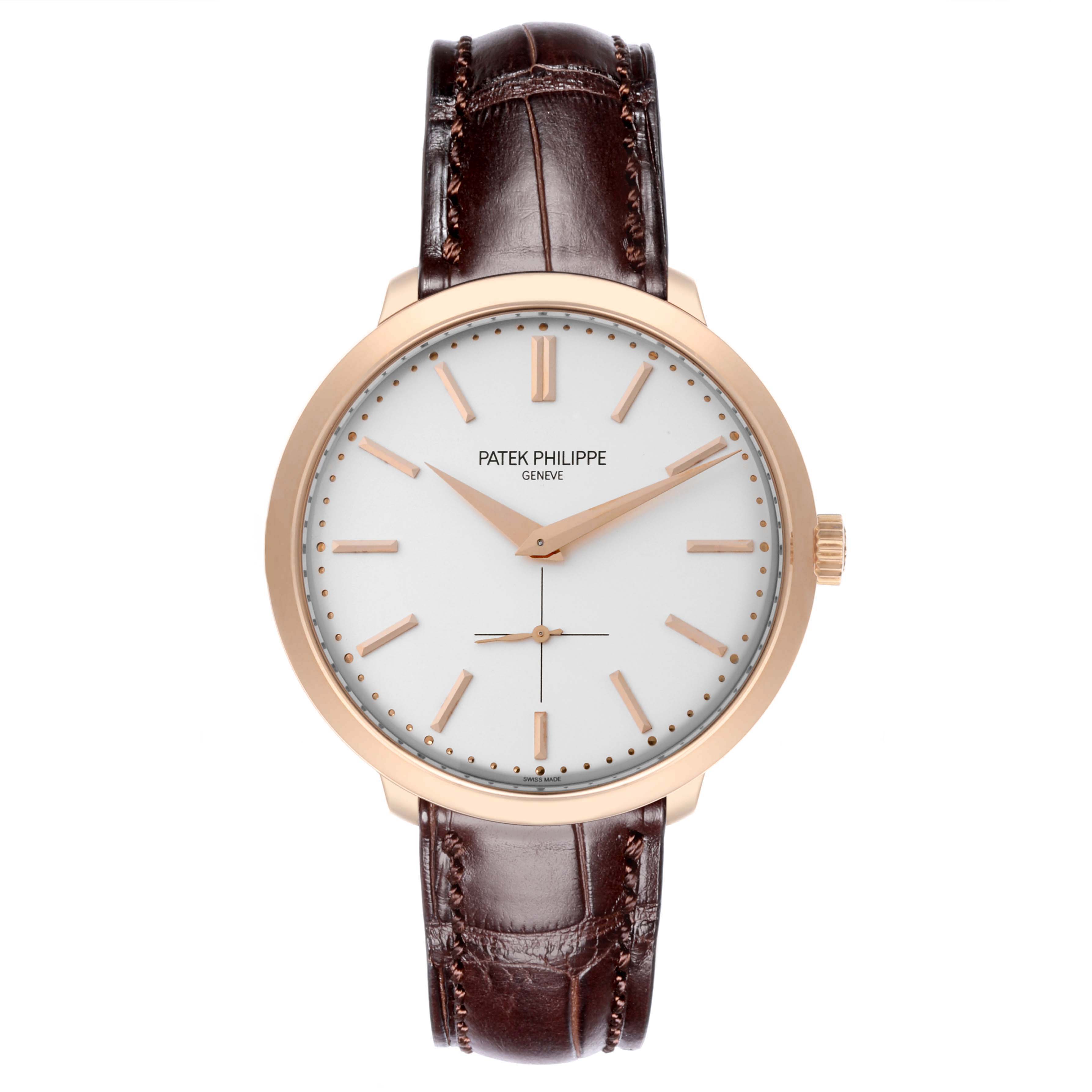 The Patek Philippe Calatrava 5123R Men's Rose Gold Silver Dial 5123R Men's Rose Gold Silver Dial watch is shown from a front angle, displaying the face, dial, and leather strap.