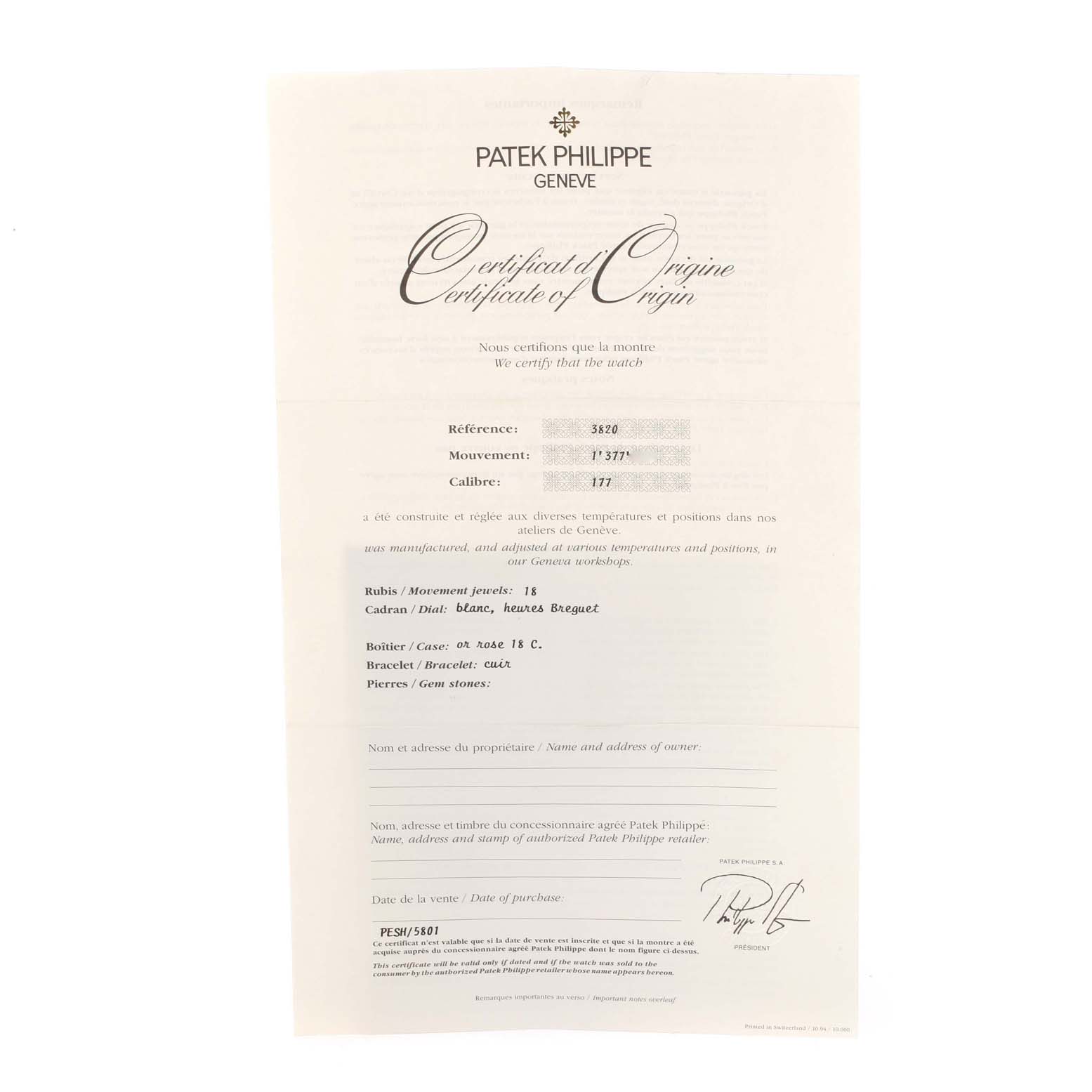 This image shows the Certificate of Origin for a Vintage Patek Philippe model 3820.