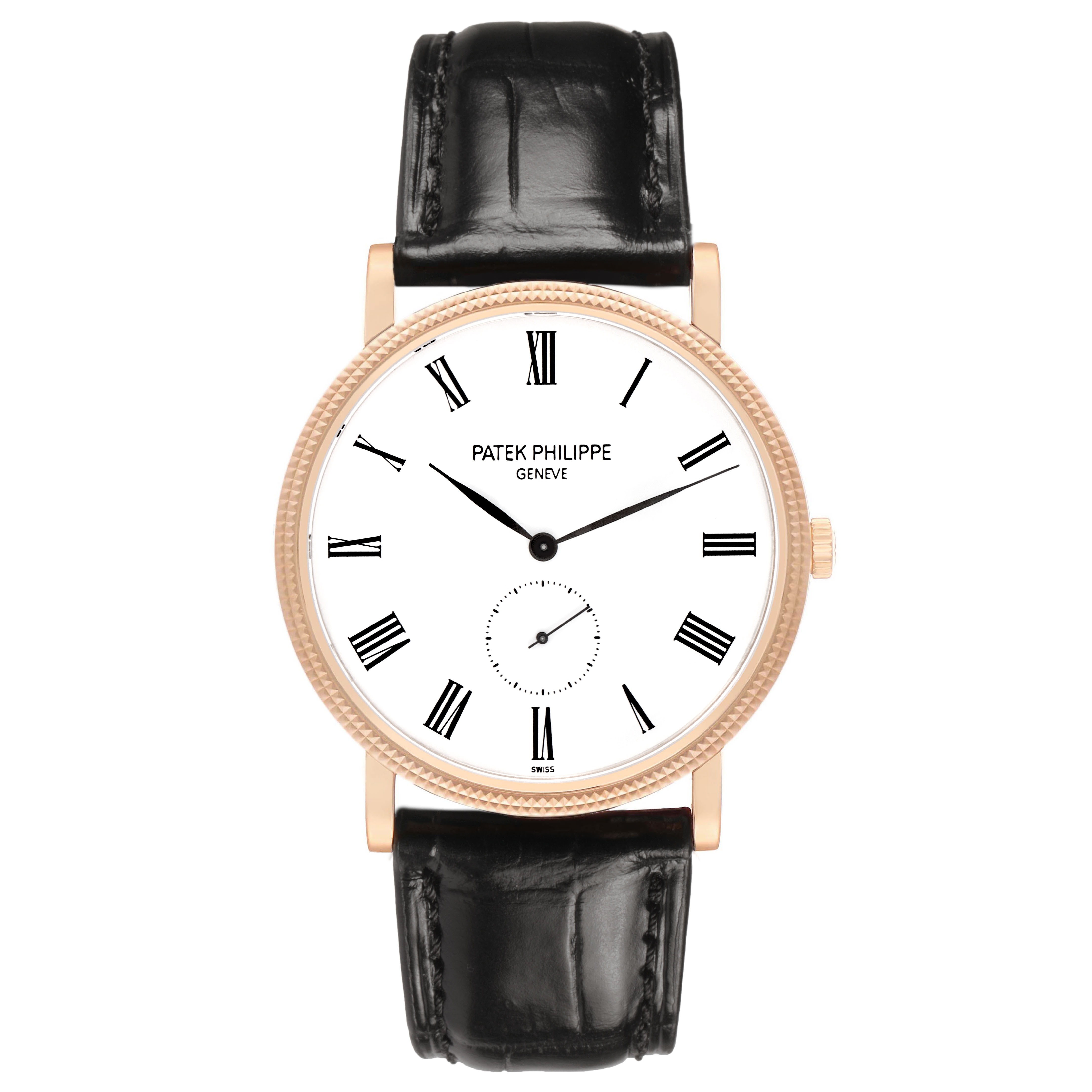 The Patek Philippe Calatrava 5119R-001 Men's Rose Gold White Dial watch is shown from the front, featuring a round face, Roman numerals, and a black leather strap.