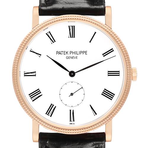 The Patek Philippe Calatrava 5119R-001 Men's Rose Gold White Dial watch is shown from a front view, displaying its face, bezel, and part of the strap.