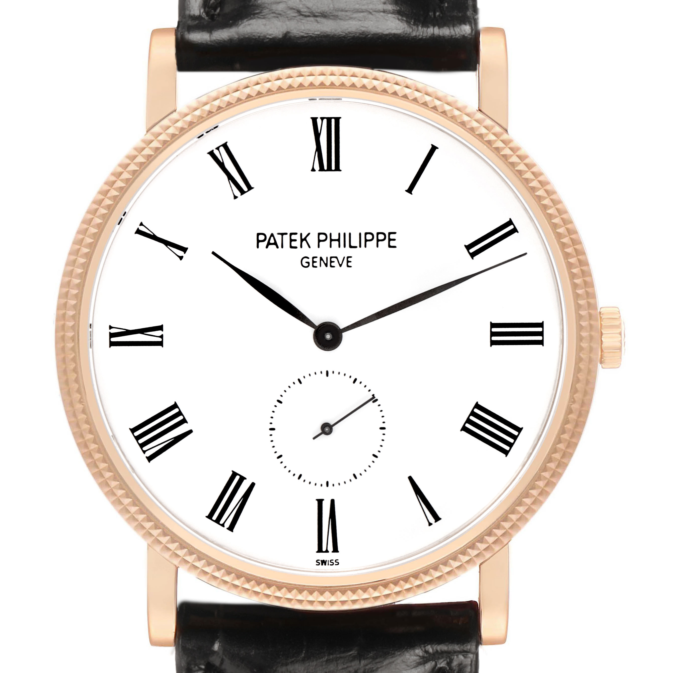 The Patek Philippe Calatrava 5119R-001 Men's Rose Gold White Dial watch is shown from the front, highlighting its dial, Roman numerals, and black leather strap.