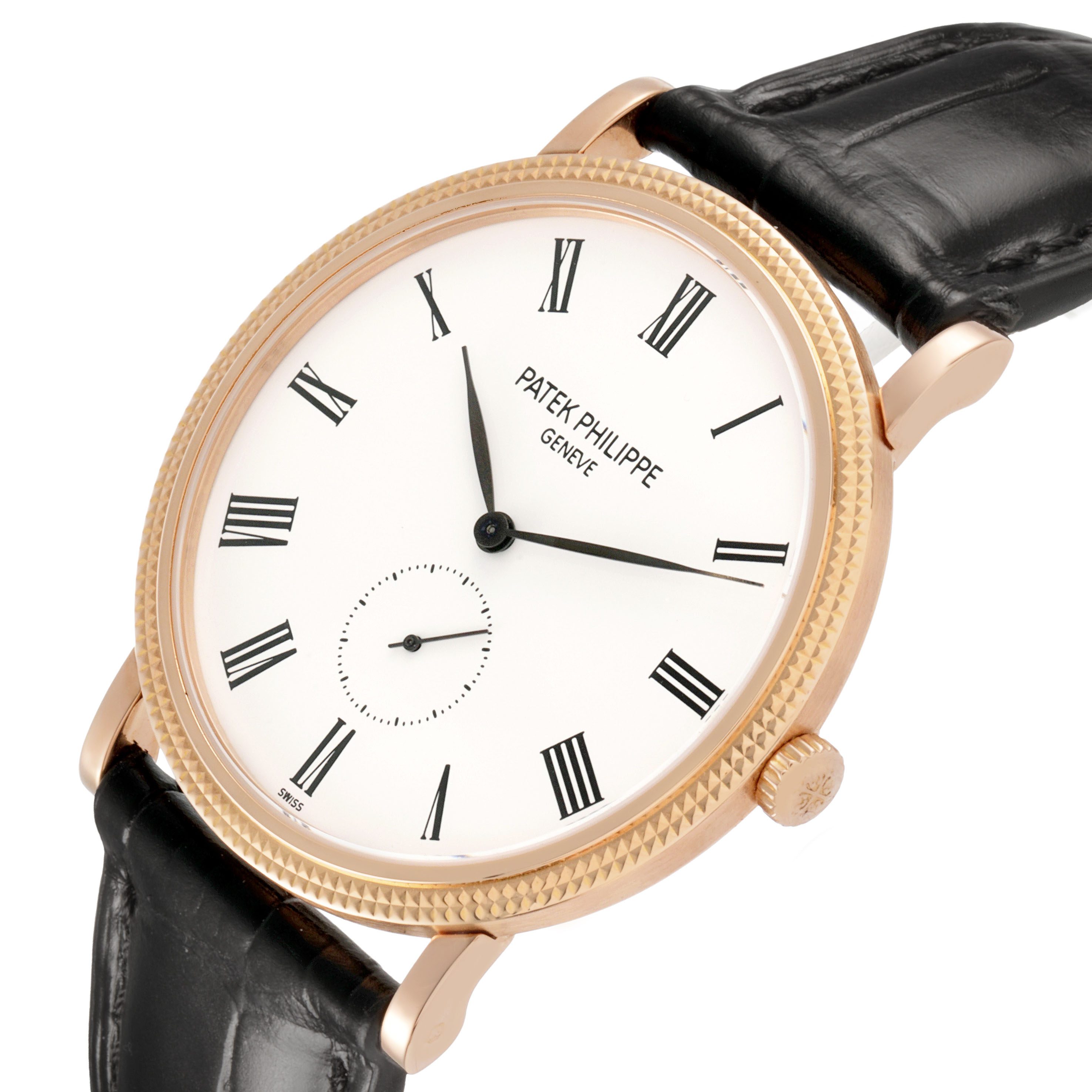 The Patek Philippe Calatrava 5119R-001 Men's Rose Gold White Dial watch is shown at a slight angle, displaying the face, Roman numerals, and leather strap.