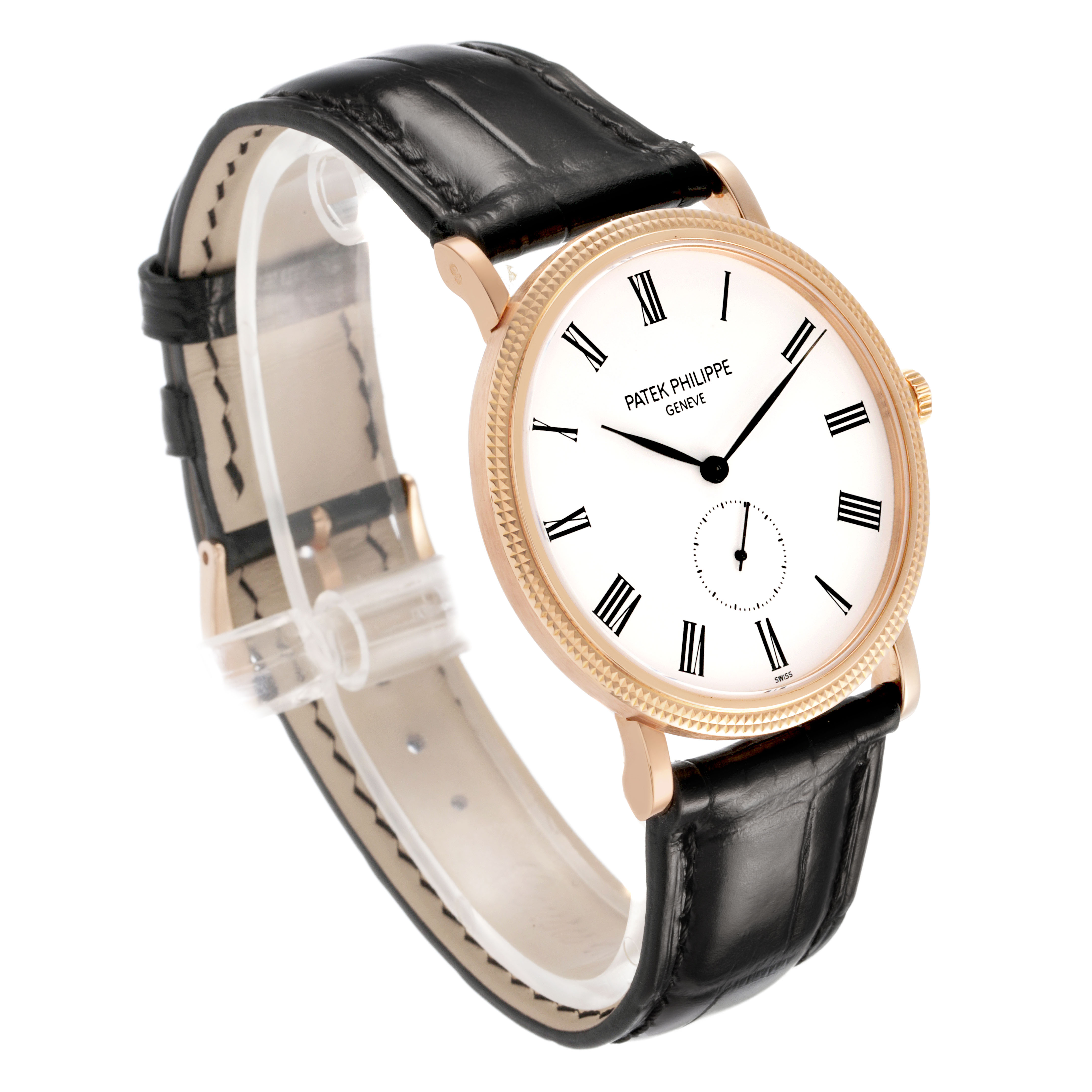 The Patek Philippe Calatrava 5119R-001 Men's Rose Gold White Dial watch is shown in a side angle, displaying the face, leather strap, and crown.