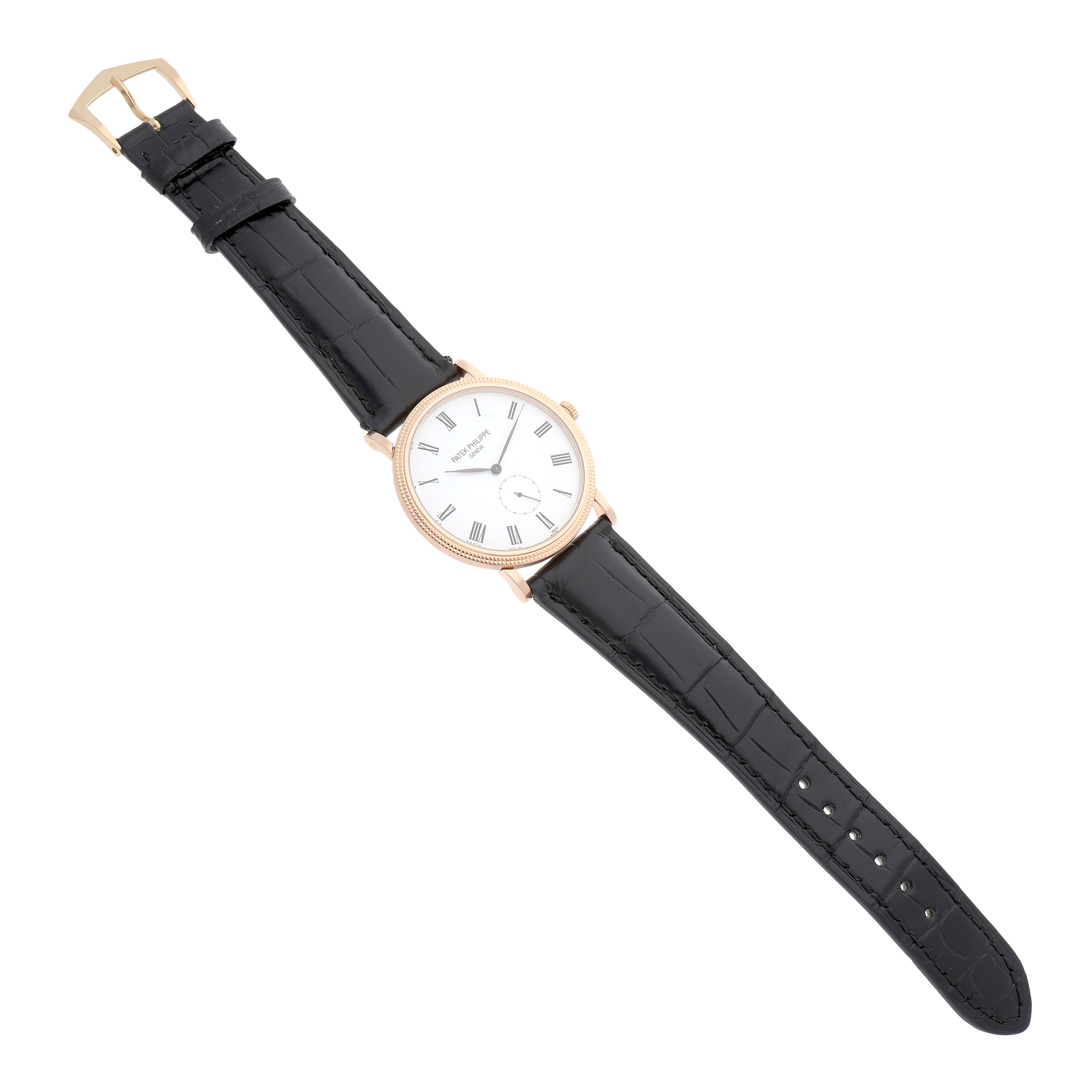 The Patek Philippe Calatrava 5119R-001 Men's Rose Gold White Dial watch is shown from a top view, displaying its face, bezel, and black leather strap.