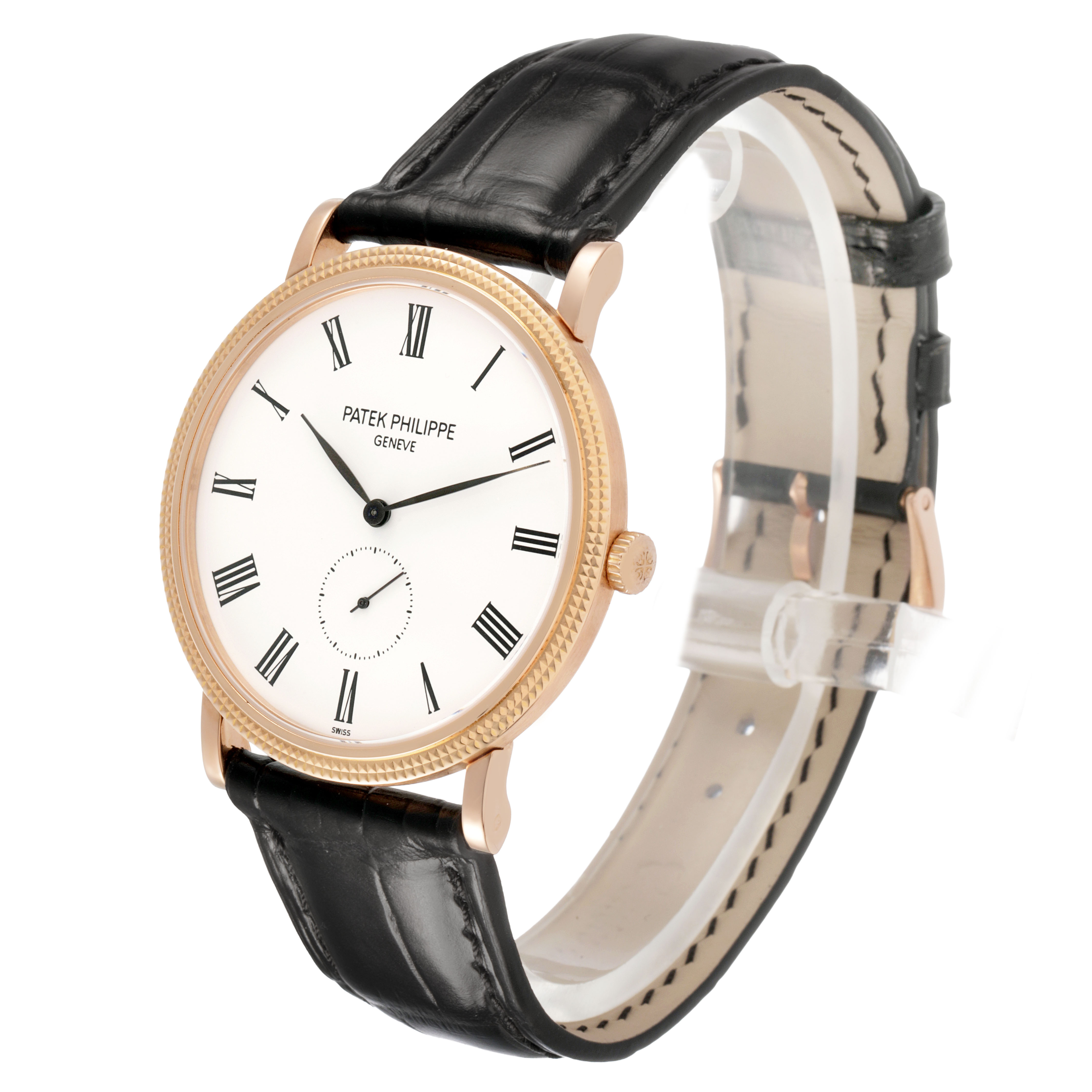 The Patek Philippe Calatrava 5119R-001 Men's Rose Gold White Dial watch is shown at a three-quarter angle displaying the face, crown, and black leather strap.