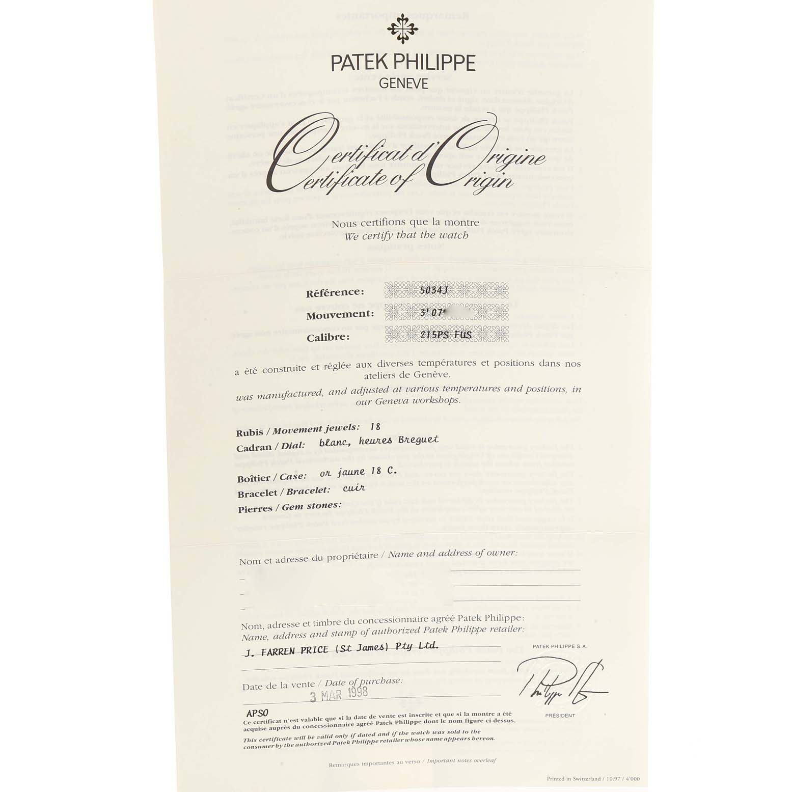 This image shows the Certificate of Origin for the Patek Philippe Calatrava 5034J Men's Yellow Gold White Dial 5034J Men's Yellow Gold White Dial model, detailing its specifications and certification.