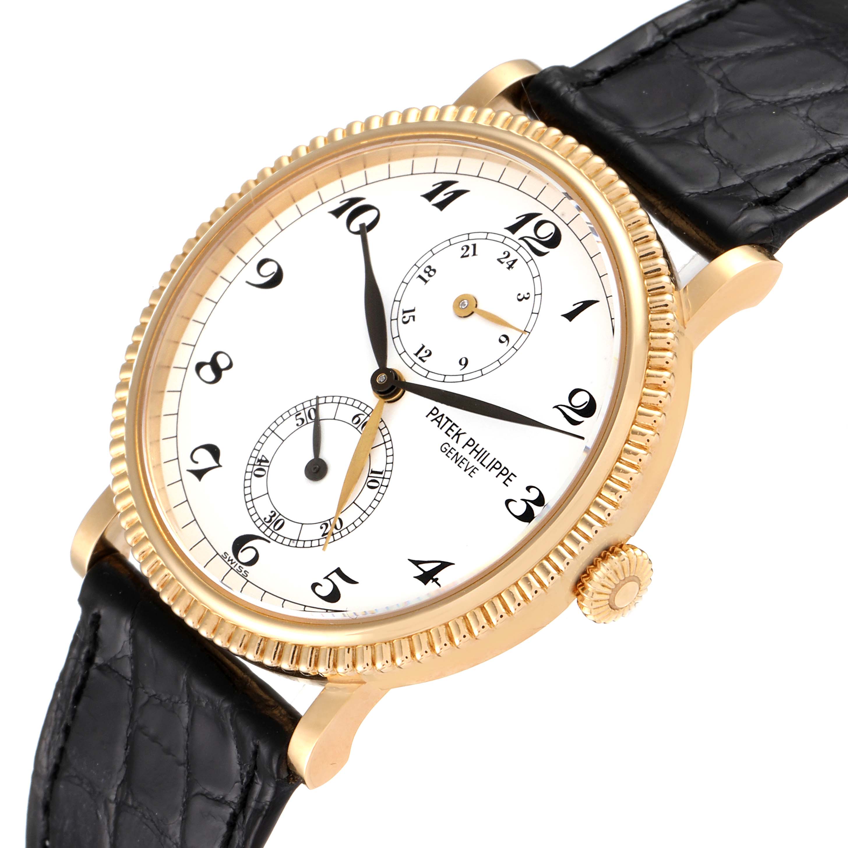 This image shows a Patek Philippe Calatrava 5034J Men's Yellow Gold White Dial 5034J Men's Yellow Gold White Dial watch at an angle, highlighting the dial, bezel, and black leather strap.