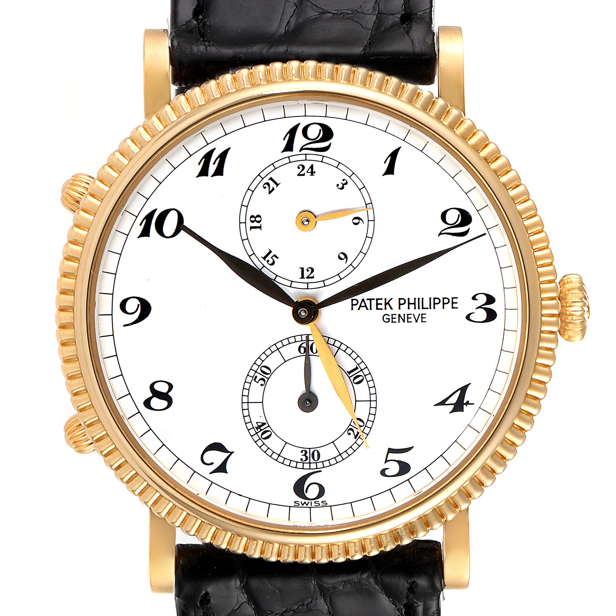 This image shows a front view of a Patek Philippe Calatrava 5034J Men's Yellow Gold White Dial 5034J Men's Yellow Gold White Dial watch, highlighting its dial, hands, and bezel.