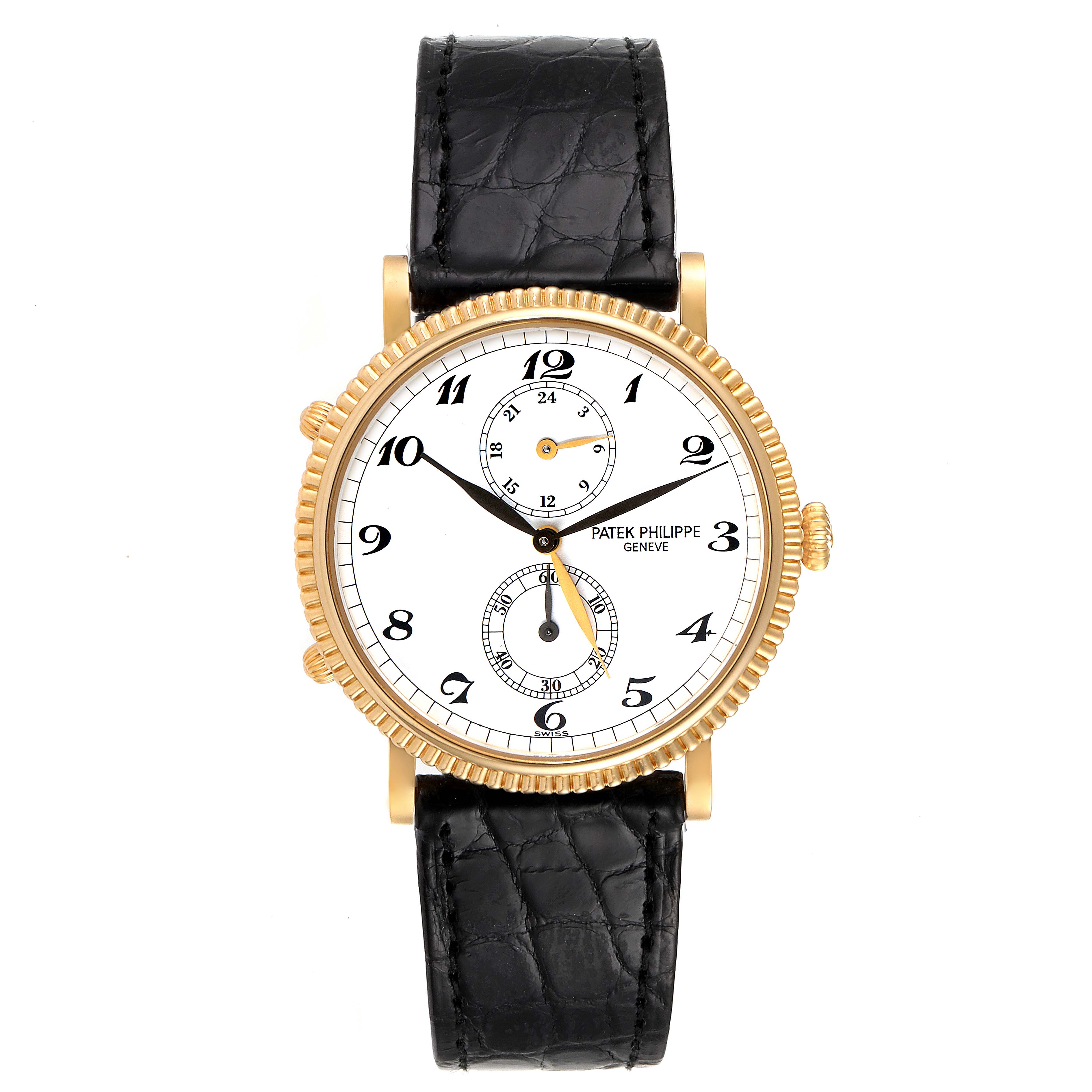 The image shows a front view of a Patek Philippe Calatrava 5034J Men's Yellow Gold White Dial 5034J Men's Yellow Gold White Dial watch with a gold case and black leather strap.