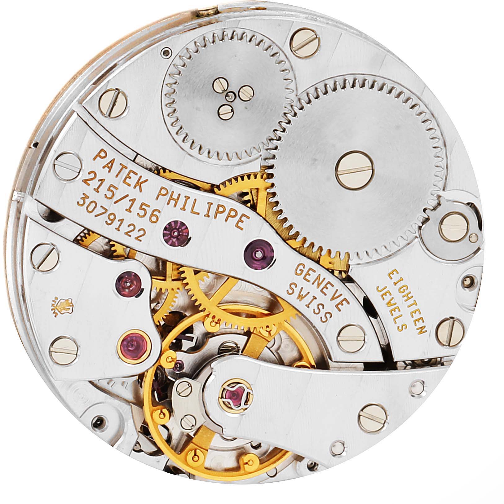 The image shows the intricate mechanical movement of the Patek Philippe Calatrava 5034J Men's Yellow Gold White Dial 5034J Men's Yellow Gold White Dial watch from a back or internal view.